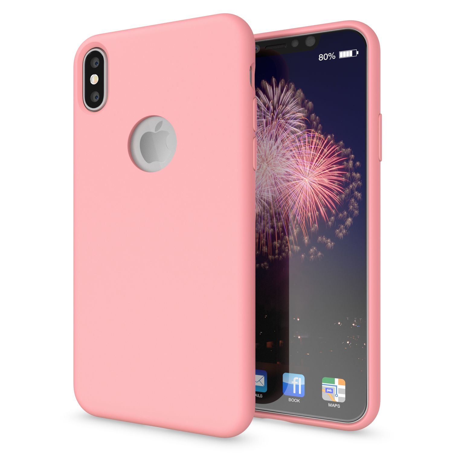 Rosa Handyhülle mit einem Telefon darin. Der Bildschirm zeigt ein Feuerwerk.