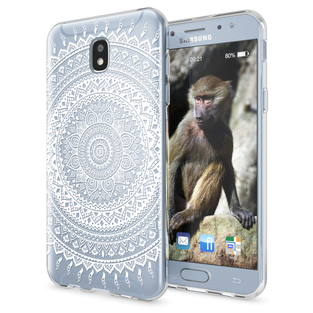 Telefon in einer transparenten Hülle mit Mandalamuster. Ein Affe sitzt auf einem Felsen auf dem Bildschirm.
