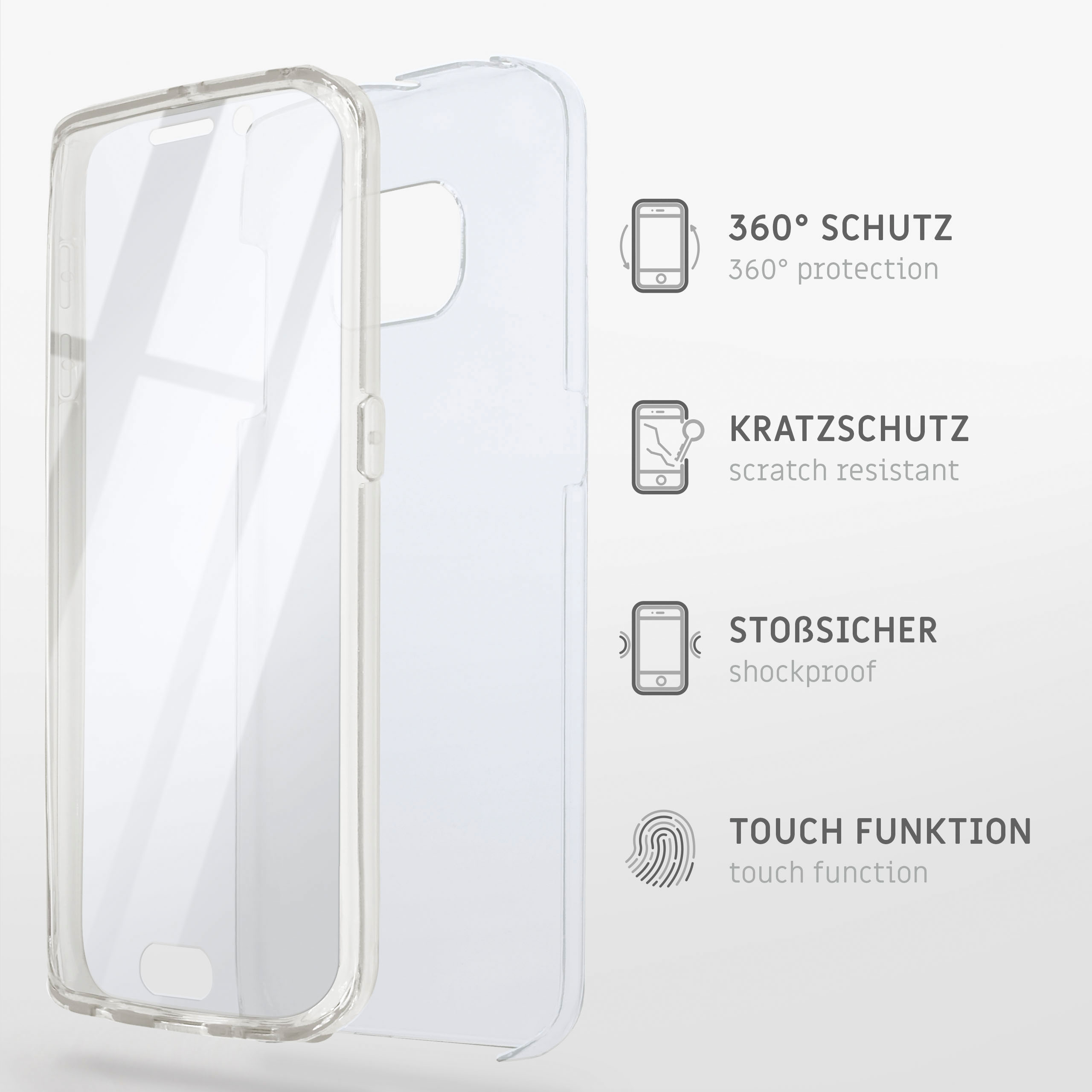 Transparente Handyhülle. Merkmale: 360°-Schutz, kratzfest, stoßfest, Touch-Funktion.