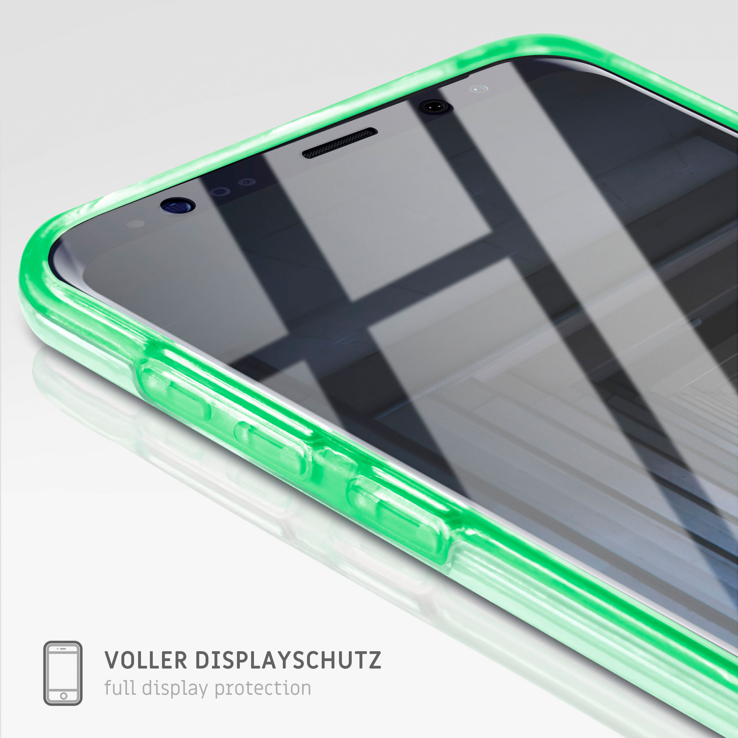 Telefon mit grüner Hülle, Nahaufnahme. Der Bildschirm ist sichtbar, die Hülle hat Knöpfe.
