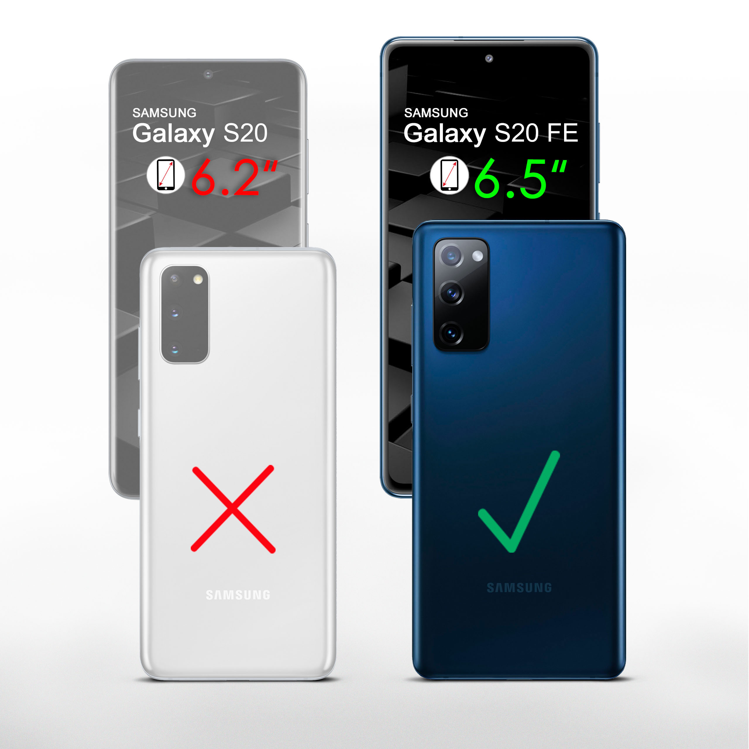 Telefonvergleich: Samsung Galaxy S20 nicht kompatibel, S20 FE kompatibel.