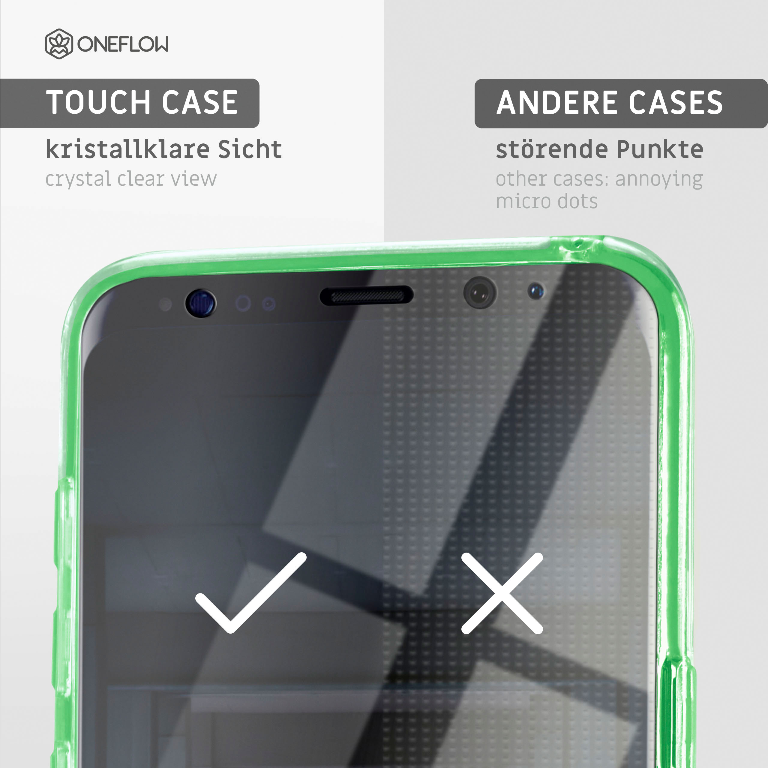 Telefon in einer grünen transparenten Hülle mit einem Häkchen und einem X-Zeichen auf dem Bildschirm.
