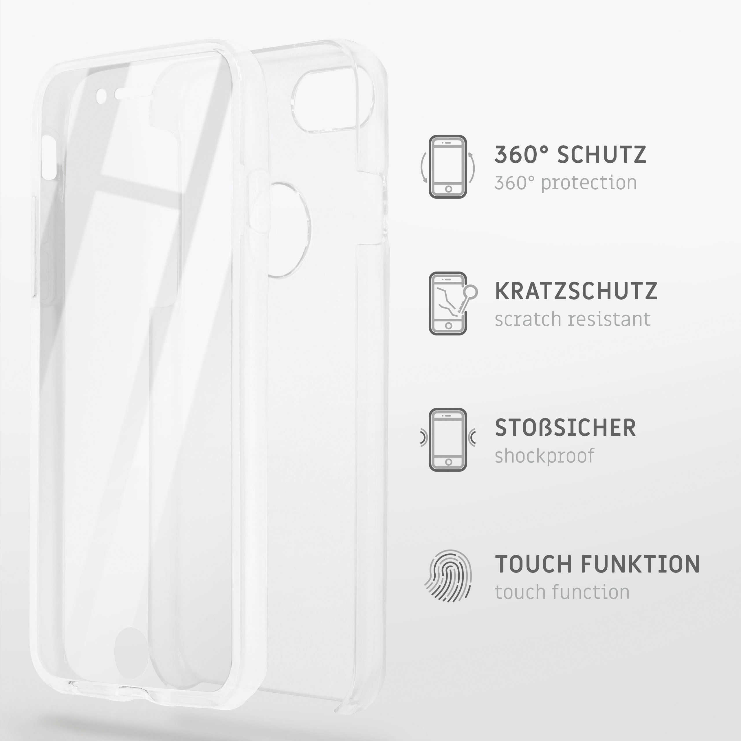 Eine durchsichtige Handyhülle mit Symbolen, die Funktionen wie 360°-Schutz, Kratzfestigkeit und Touch-Funktion beschreiben.