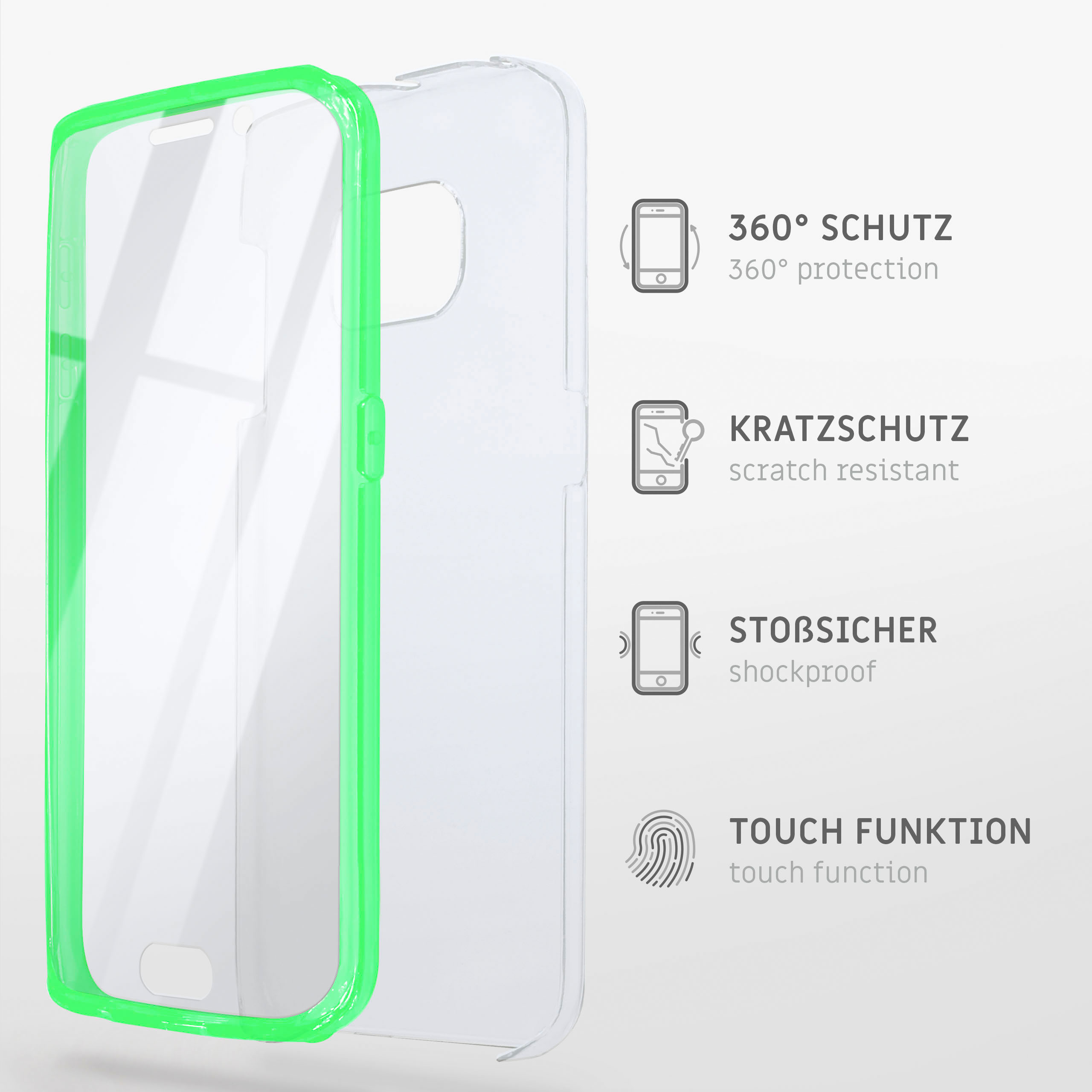 Eine Handyhülle mit grünem Rand, neben dem Telefon. Details zum Schutz werden gezeigt.