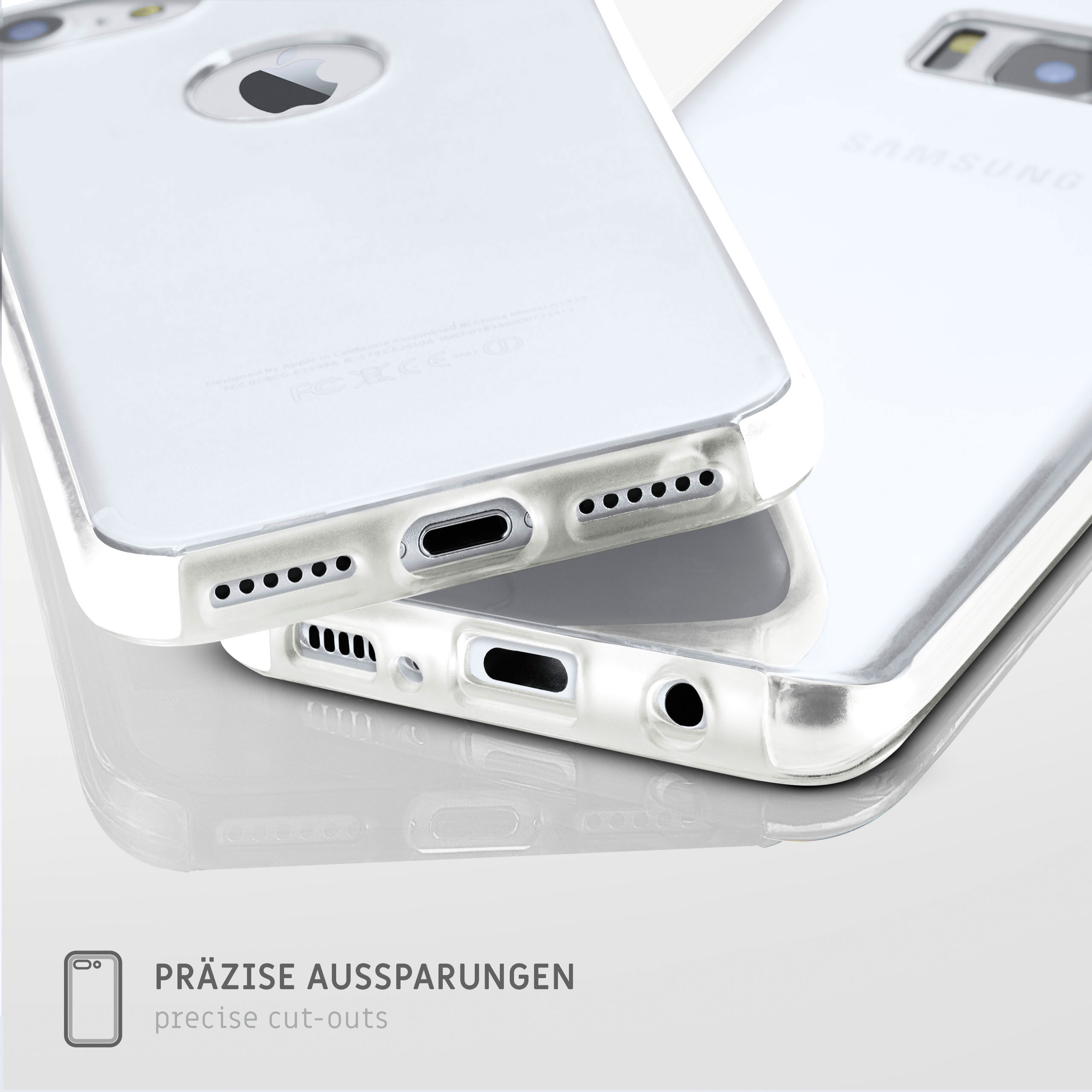 Zwei transparente Handyhüllen. Text unten lautet 'Präzise Aussparungen' und 'precise cut-outs'.
