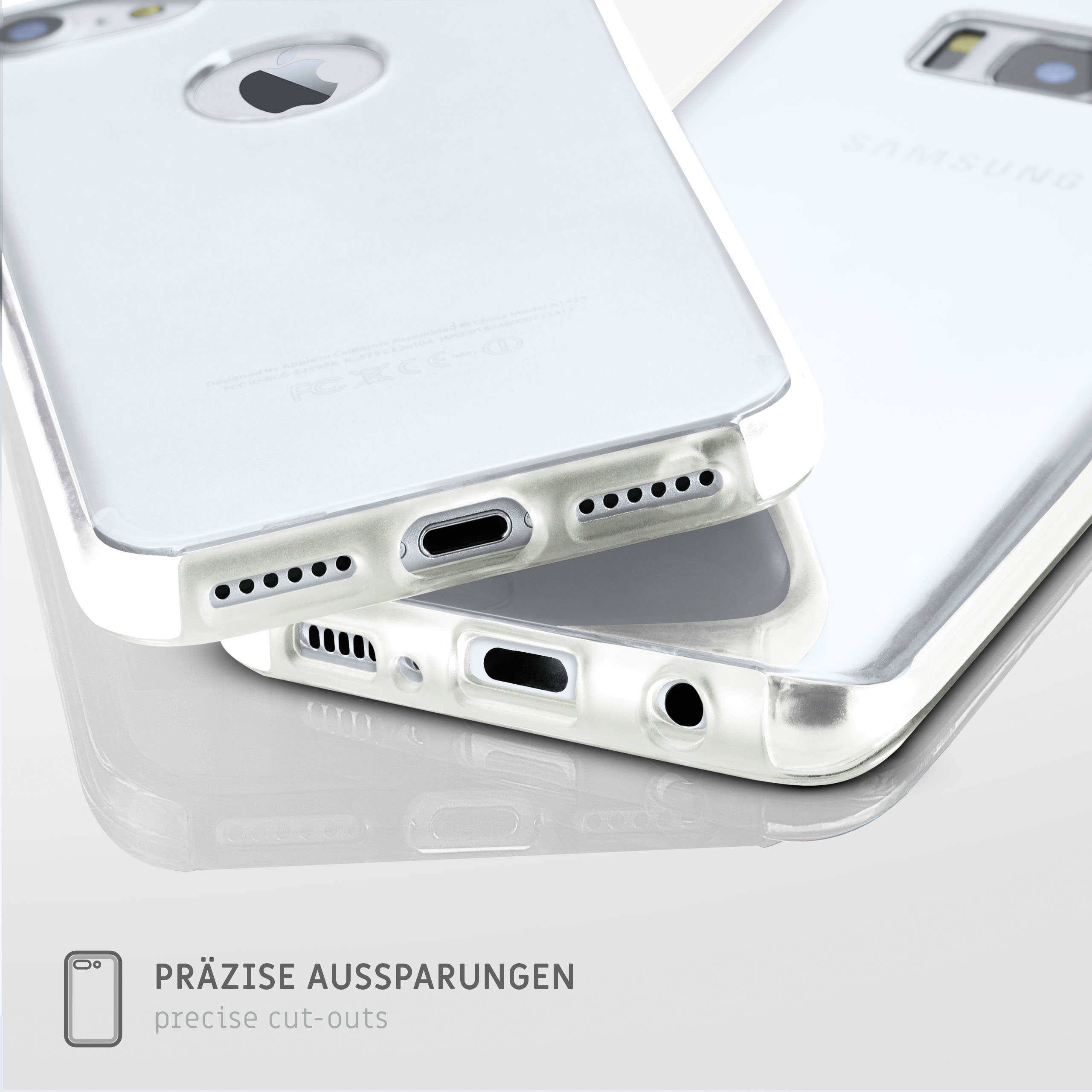 Nahaufnahme von zwei durchsichtigen Handyhüllen, eine über der anderen. Die untere zeigt präzise Aussparungen für Anschlüsse und Lautsprecher.