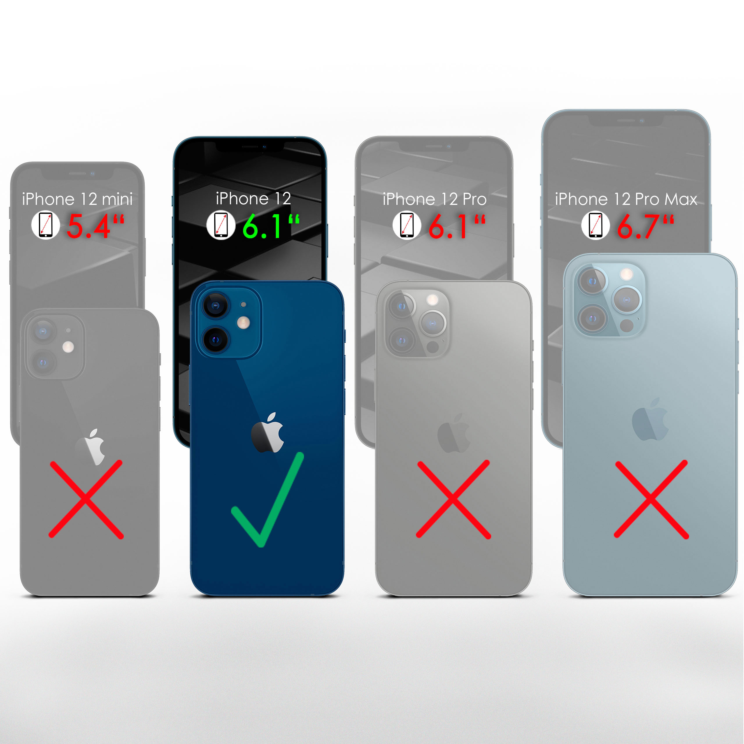 Vergleich von iPhone-Modellen. Blaues iPhone 12 ist korrekt. Andere haben rotes X. Größenvergleich.