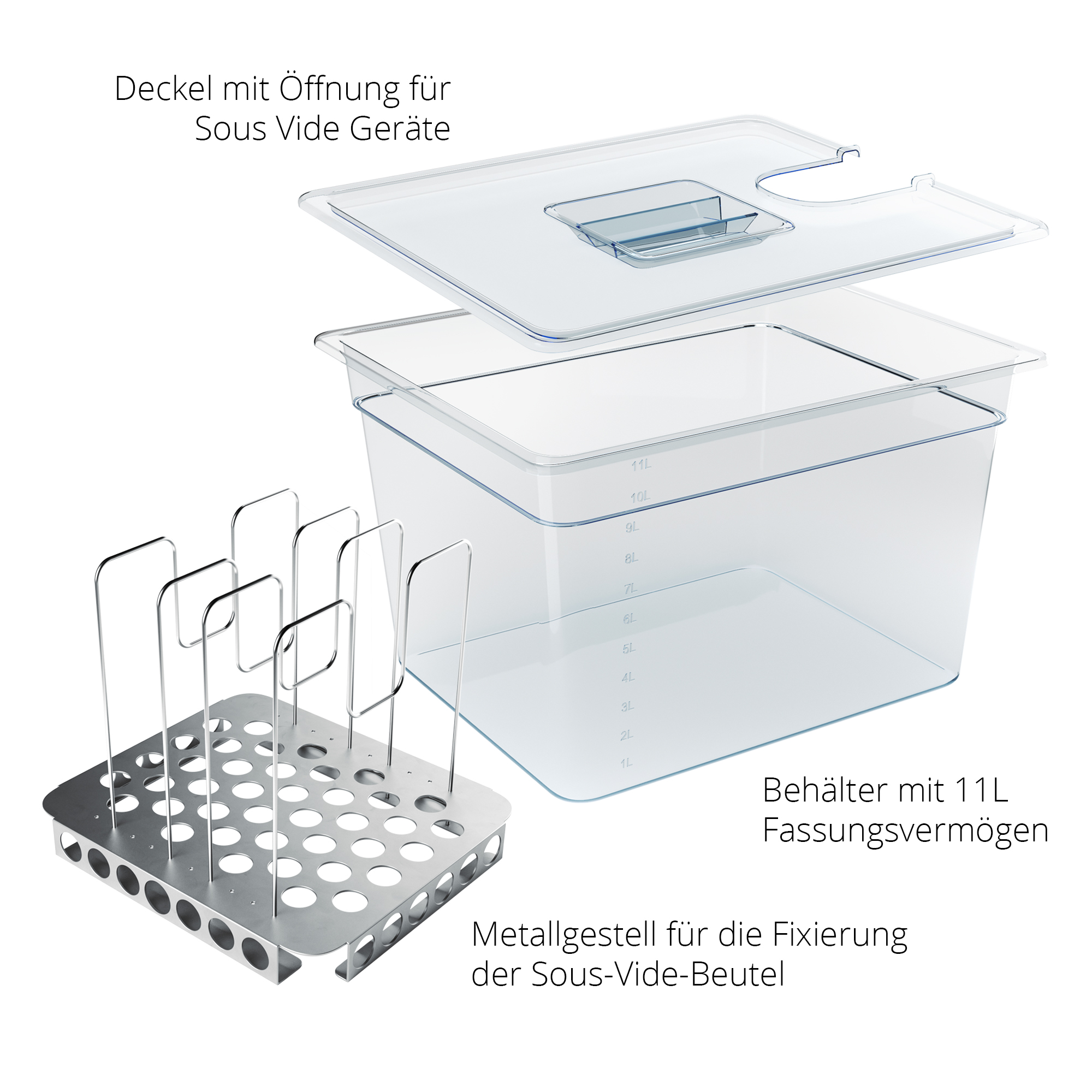 Ein transparenter Behälter mit Deckel und ein Edelstahlgestell. Text erwähnt ein Sous-Vide-Setup.