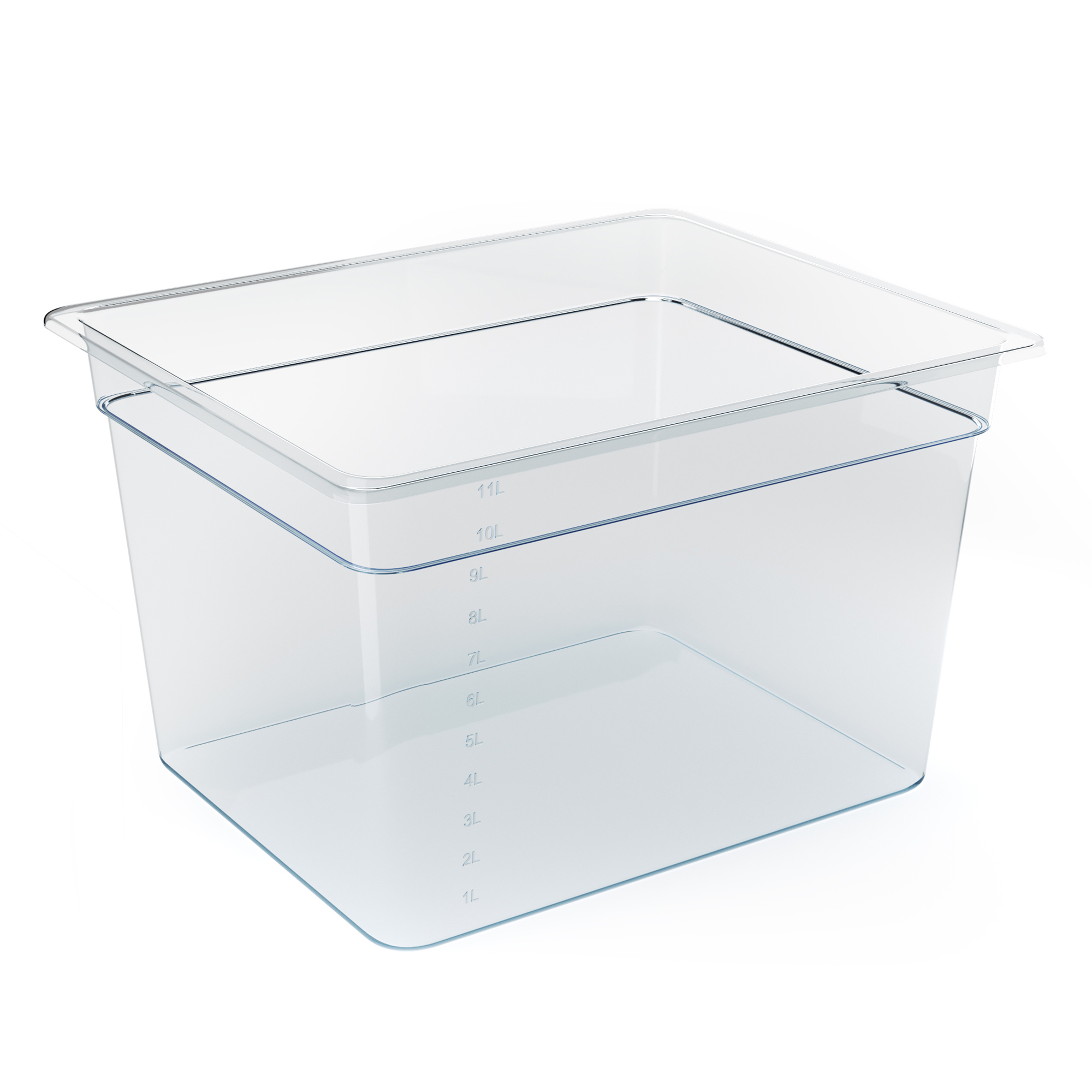 Ein transparenter, rechteckiger Behälter mit Messmarkierungen an der Seite.