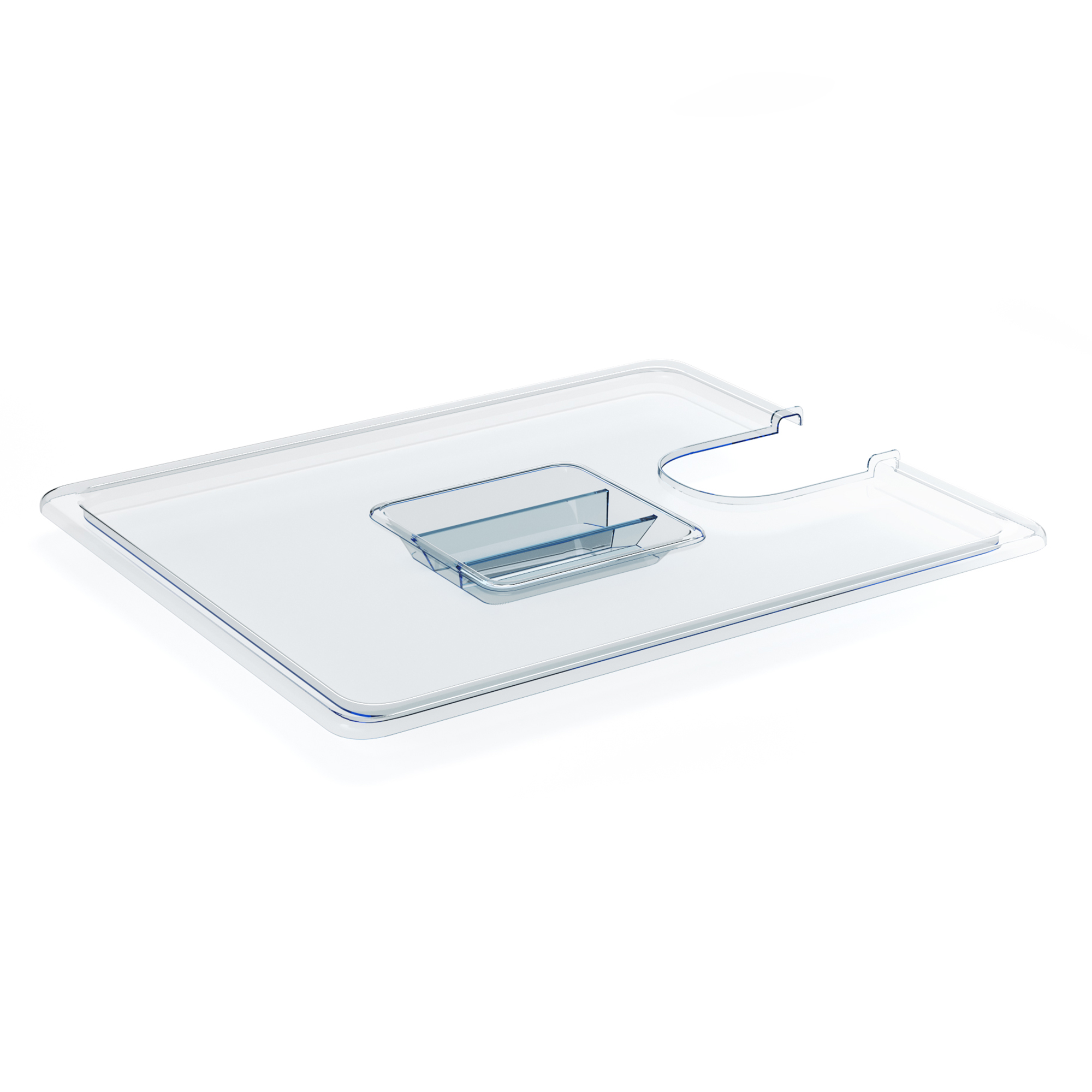 Transparente Kunststoffschale mit erhöhtem Mittelteil und Aussparung auf einer Seite.