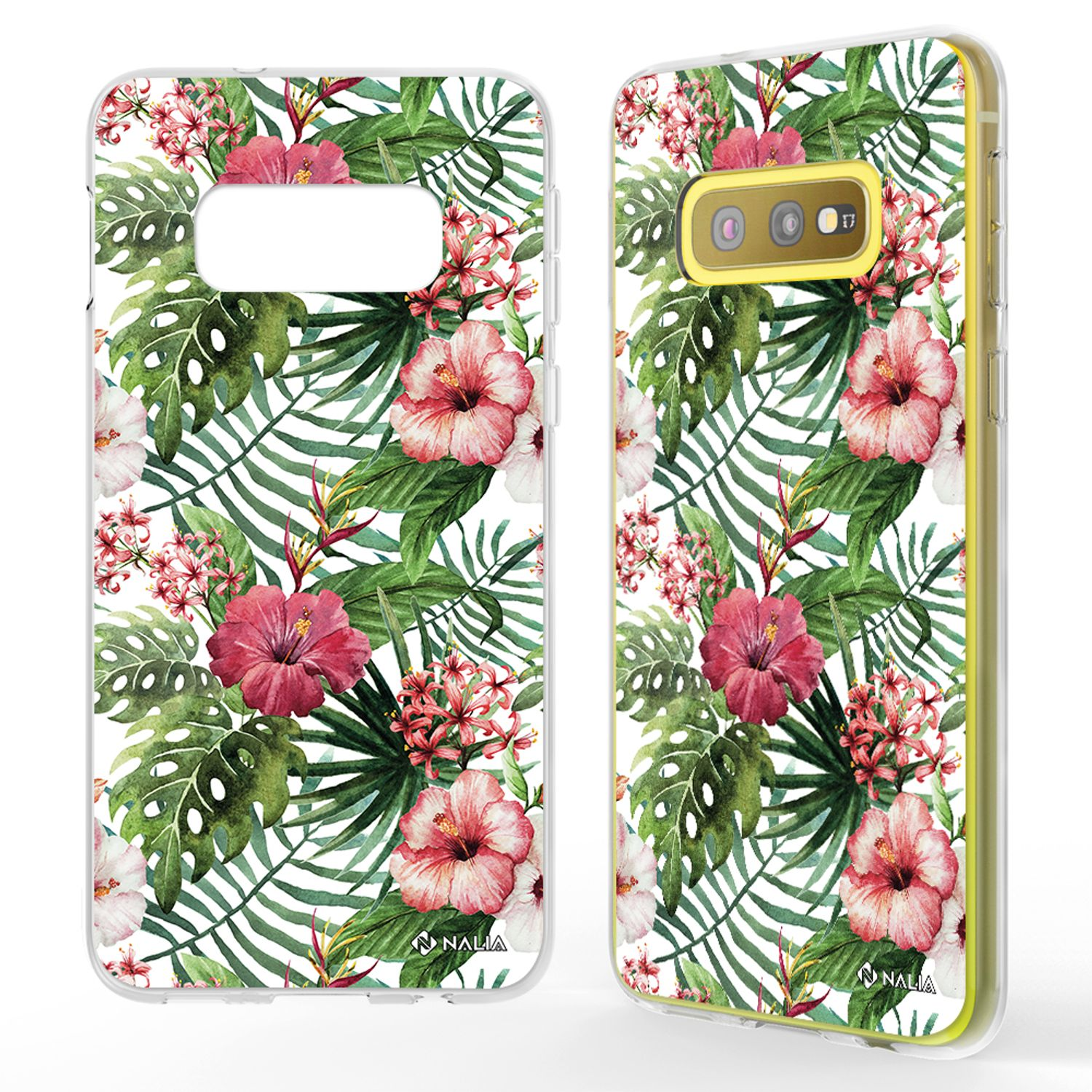 Handyhülle mit tropischen Blättern und Hibiskusblüten. Weißer Hintergrund.