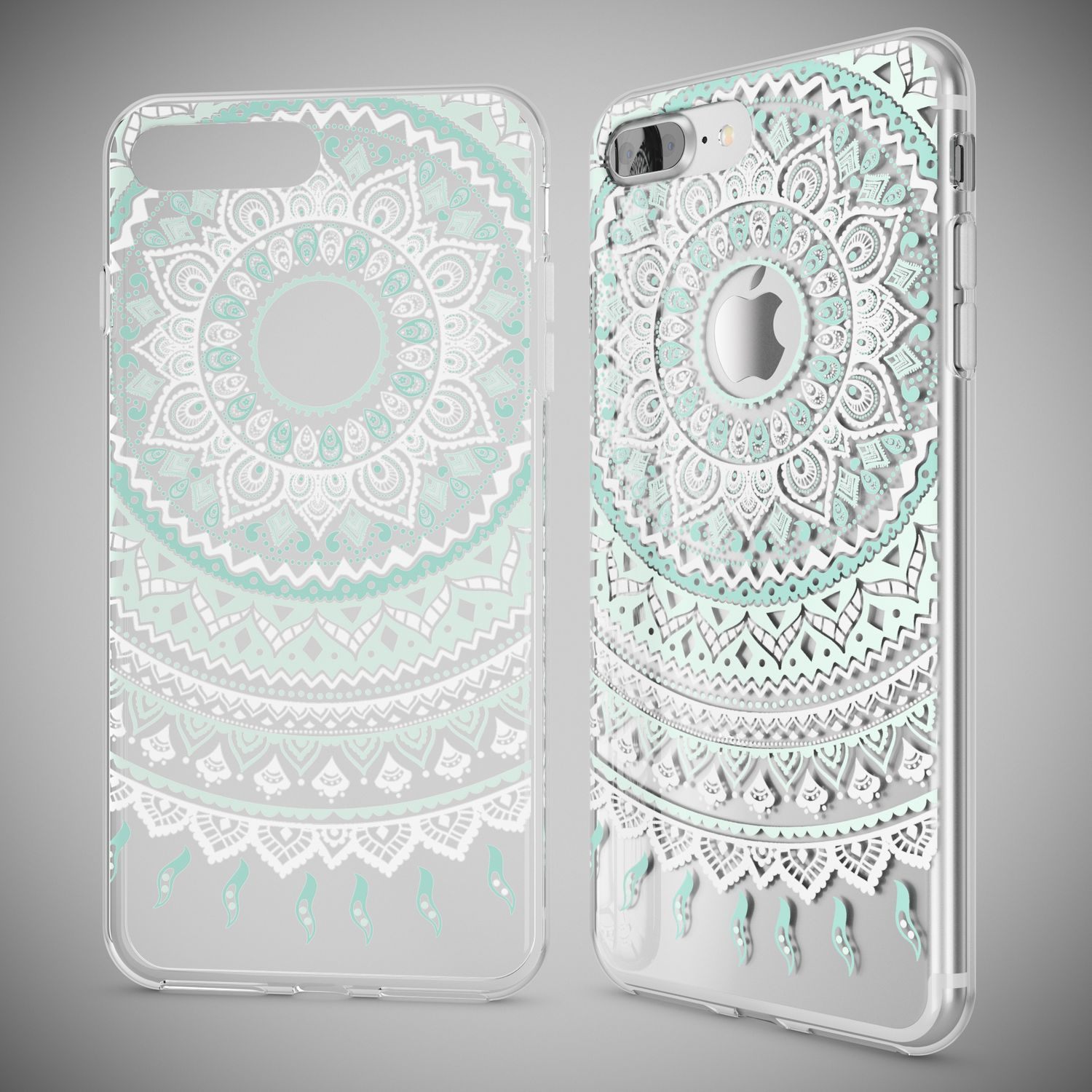Zwei Telefone mit transparenten Hüllen, die ein Mandala-Design in Weiß und Türkis aufweisen.