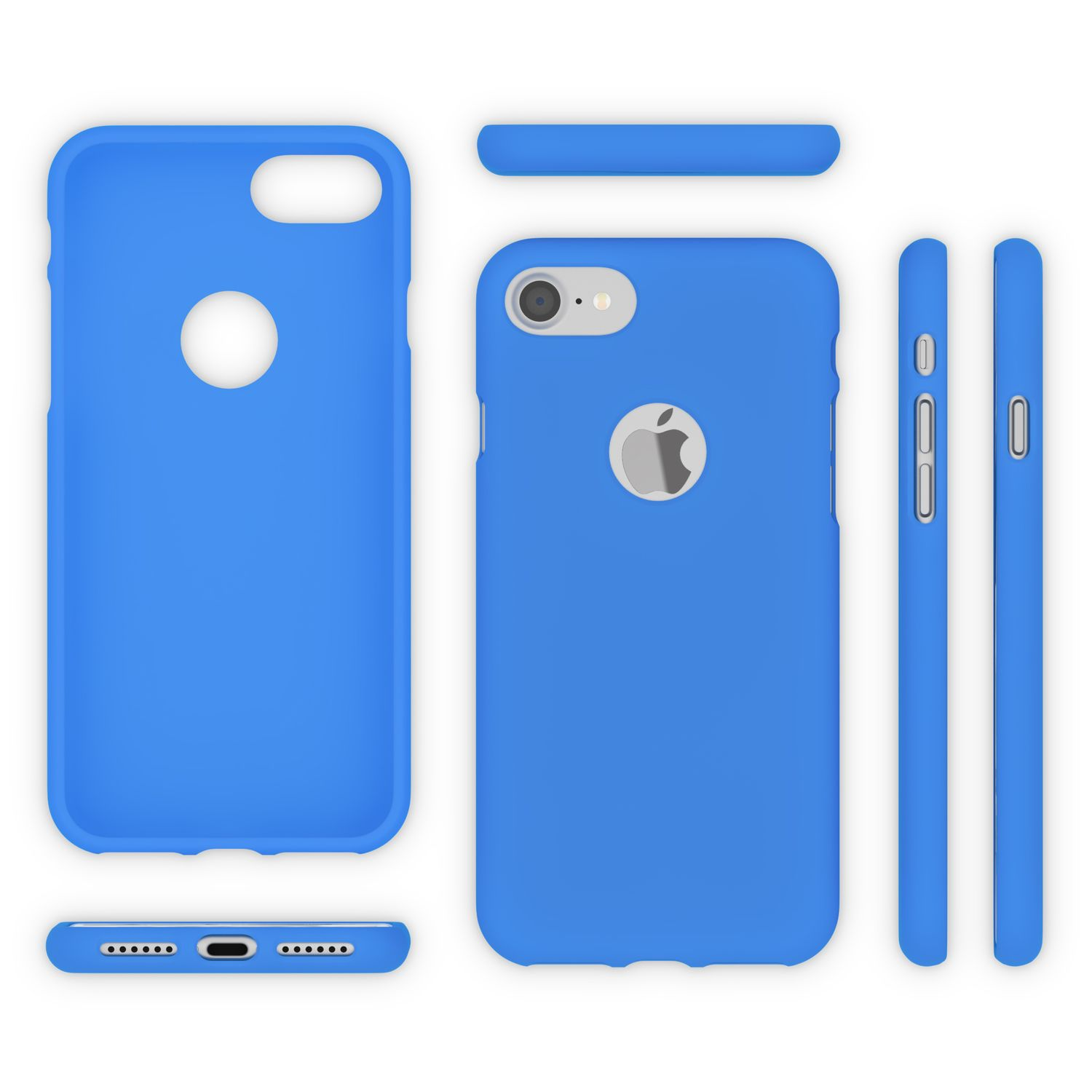 Blaue Handyhülle mit Telefon. Mehrere Ansichten. Apple-Logo ist sichtbar.
