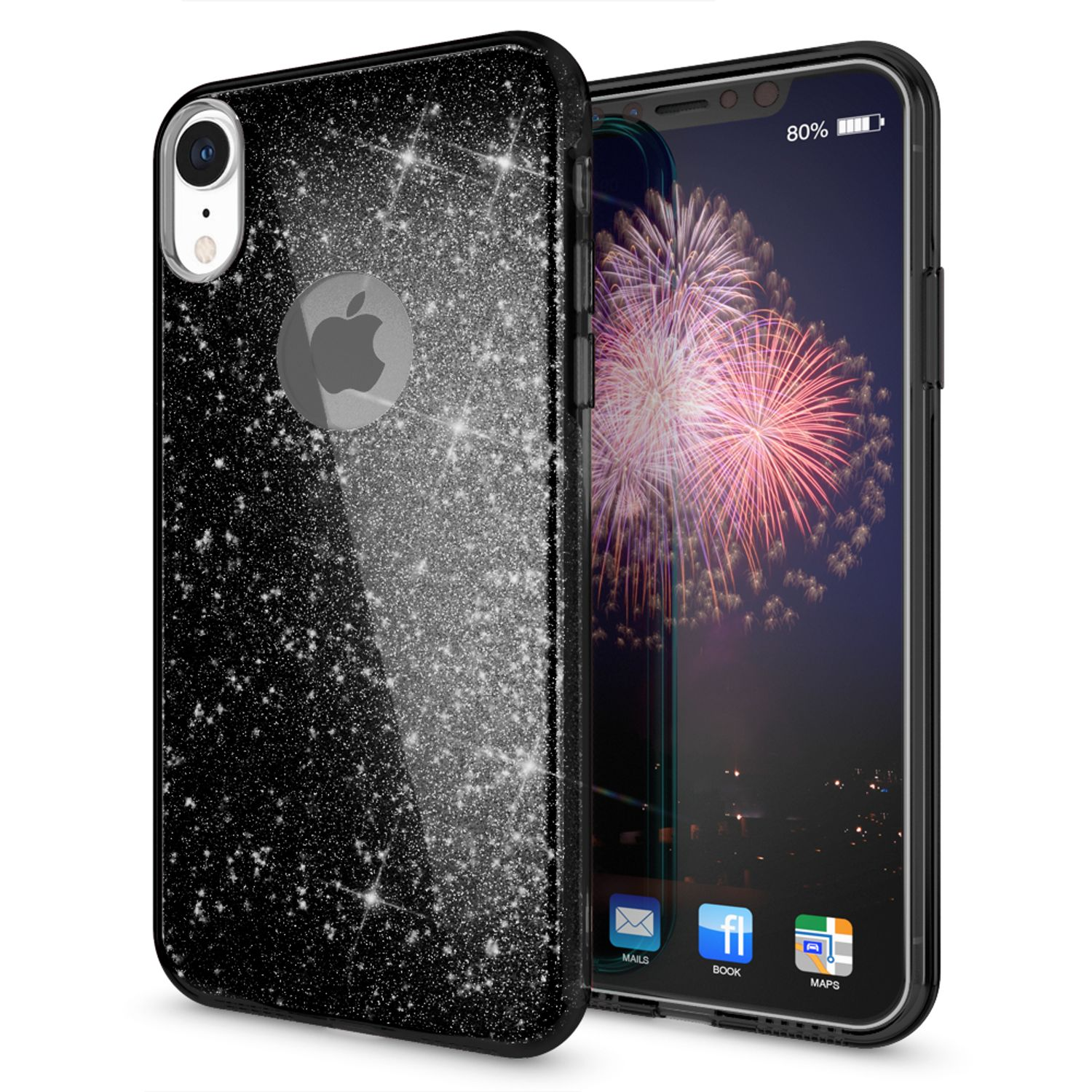 Ein Telefon mit einer glitzernden schwarzen Hülle. Das Telefon zeigt einen Startbildschirm mit Feuerwerk auf dem Display.