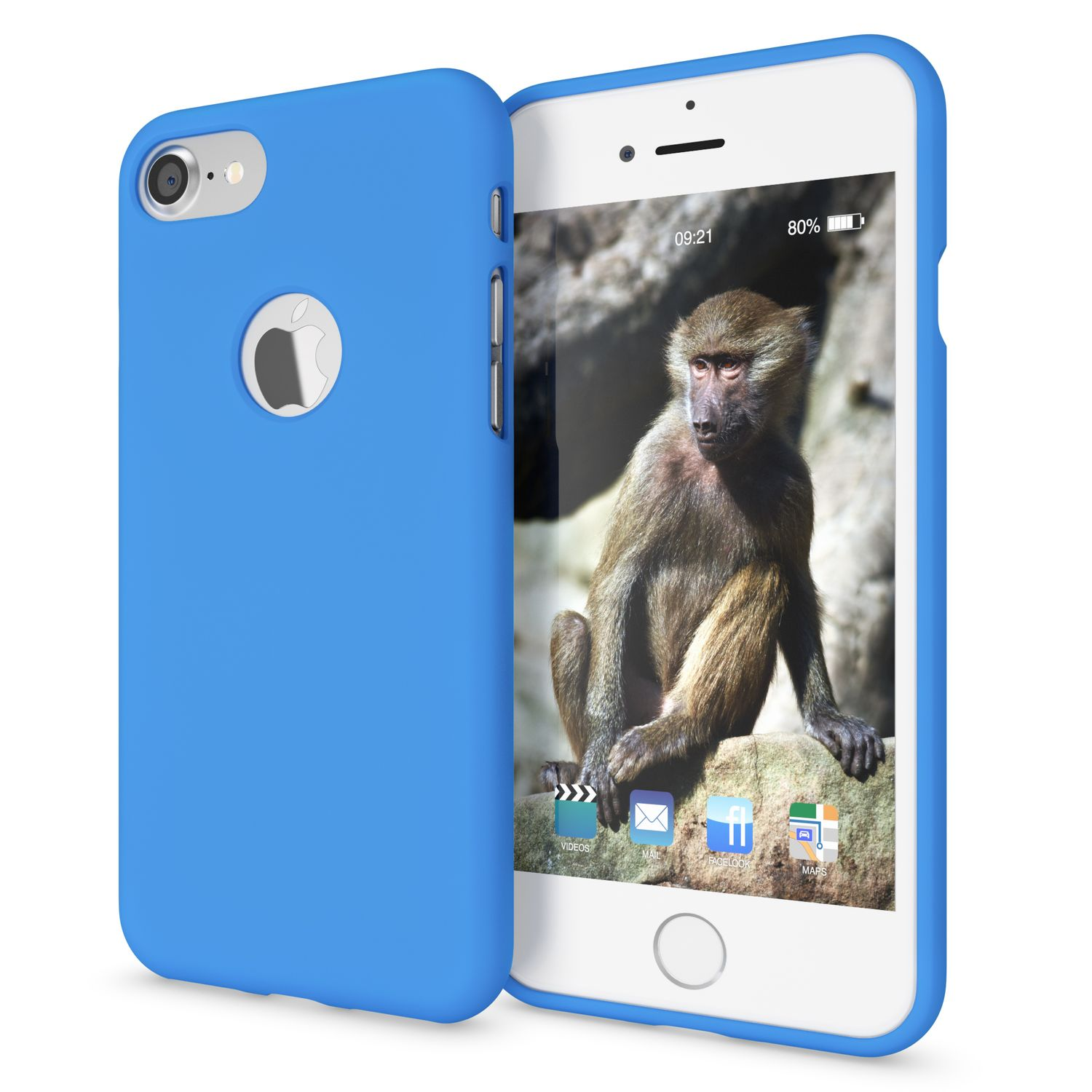 Blaue Handyhülle neben einem weißen Telefon, das ein Affenbild auf dem Bildschirm zeigt.