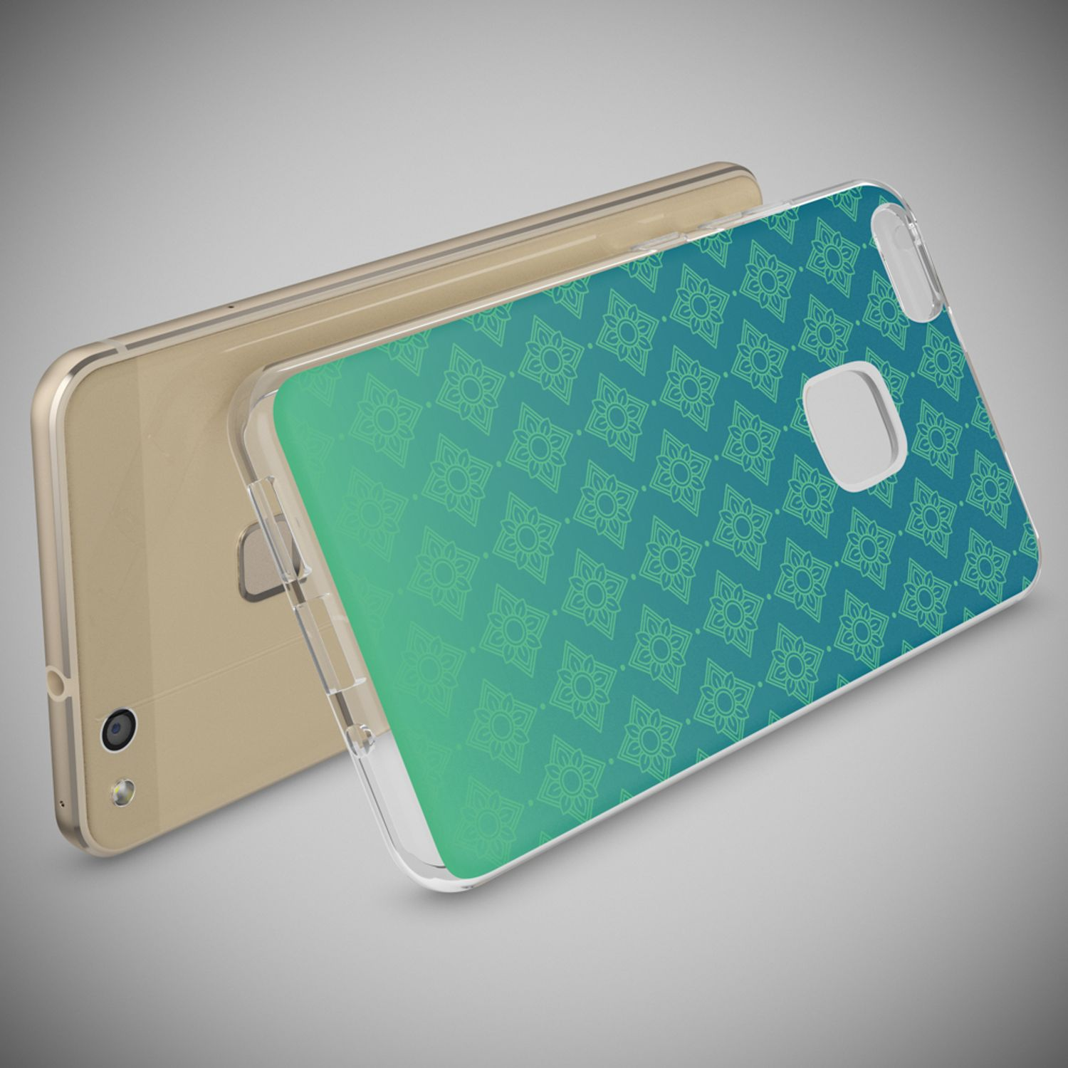 Teléfono y funda. La funda tiene diseño floral azul-verde. El teléfono es dorado. La funda es transparente.