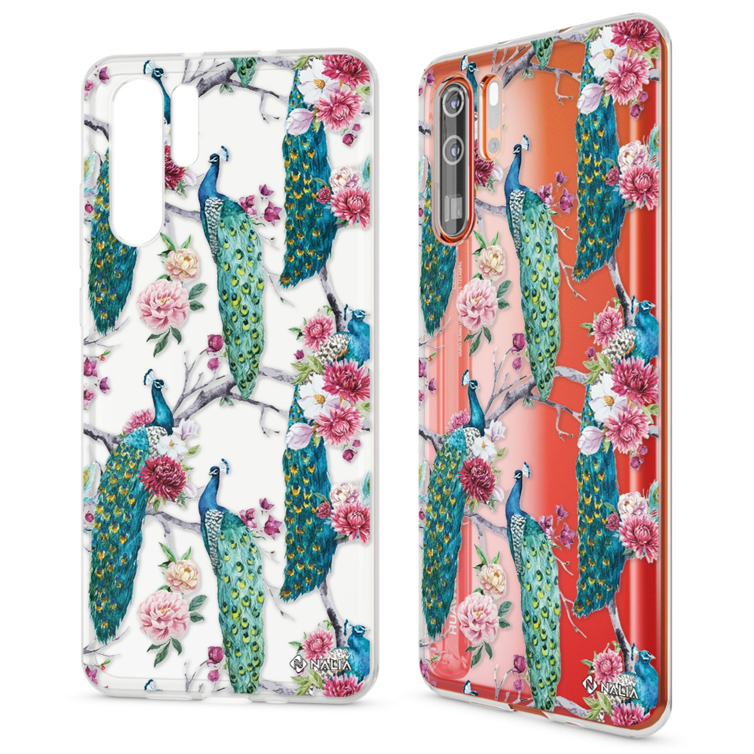 Handyhüllen mit Pfau- und Blumenmustern auf weißem und rotem Hintergrund.