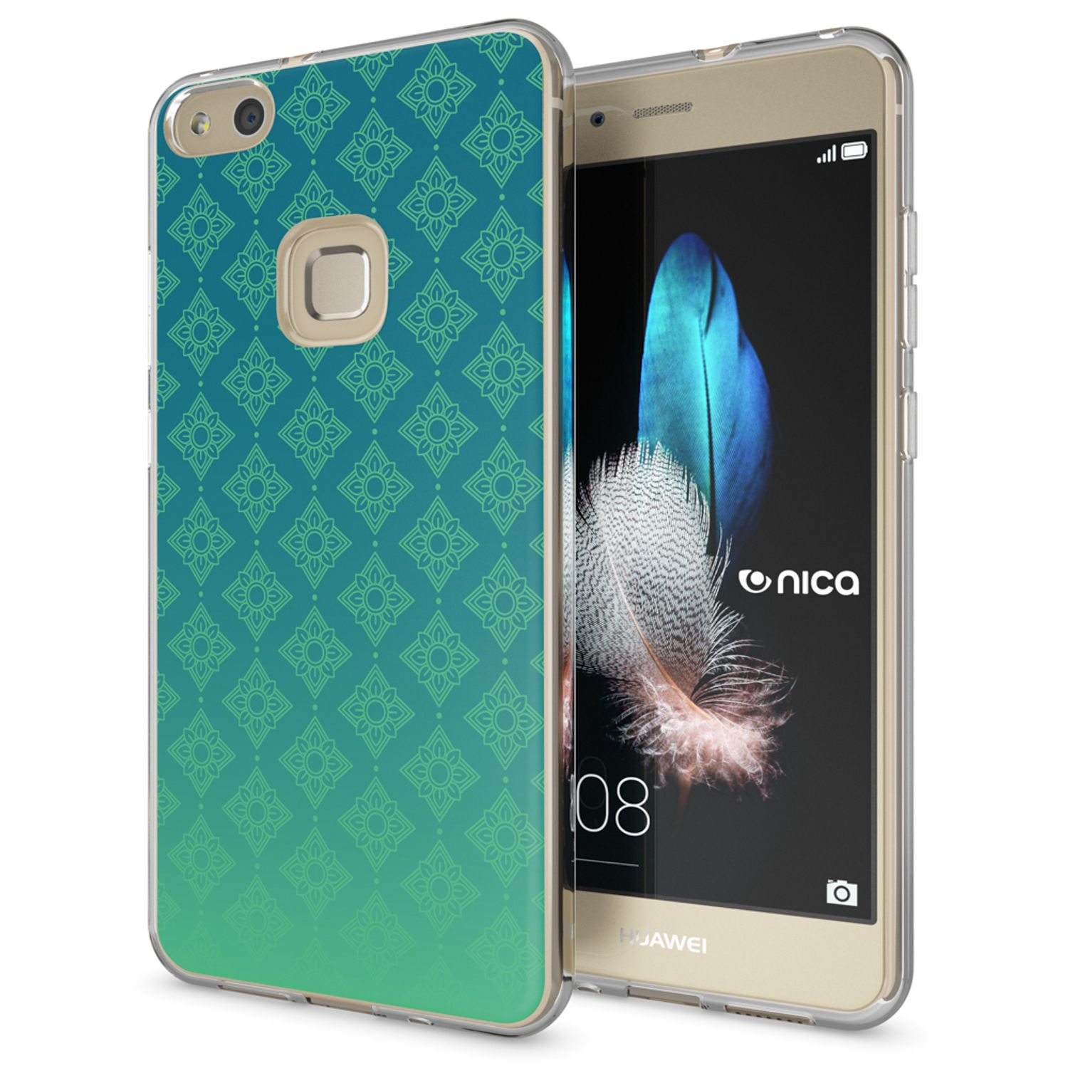 Funda de teléfono con patrón azul-verde, en un teléfono dorado. La pantalla muestra una pluma.
