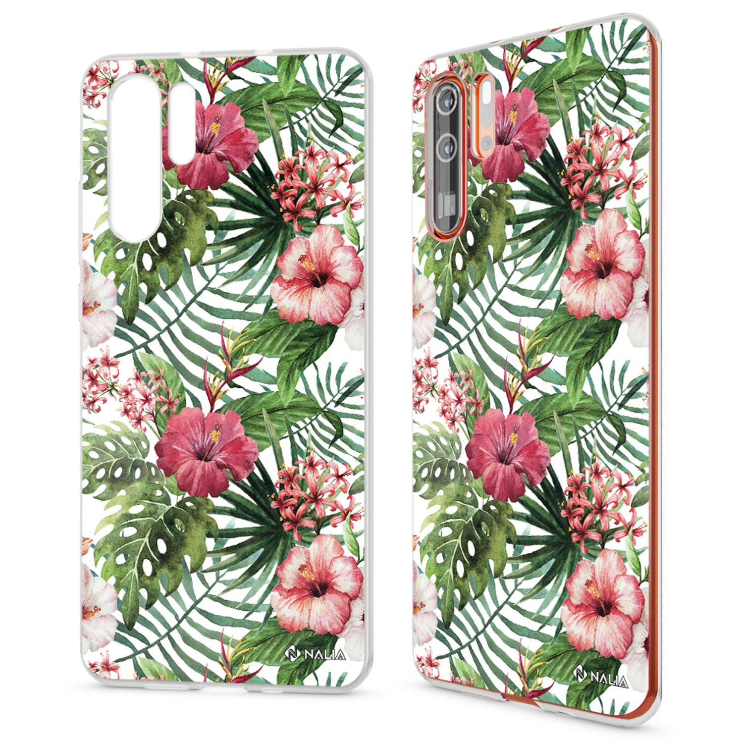 Handyhülle mit tropischem Blumendruck mit roten und rosa Hibiskusblüten und grünen Blättern.