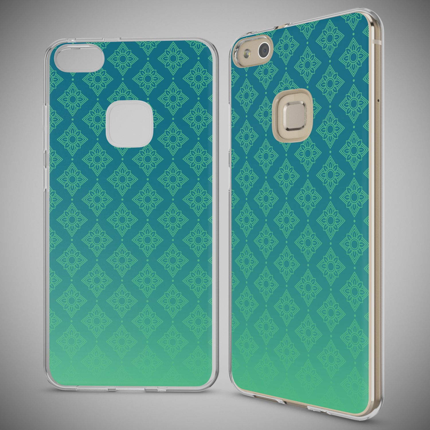 Fundas de teléfono con un patrón abstracto en tonos verdes y azules.