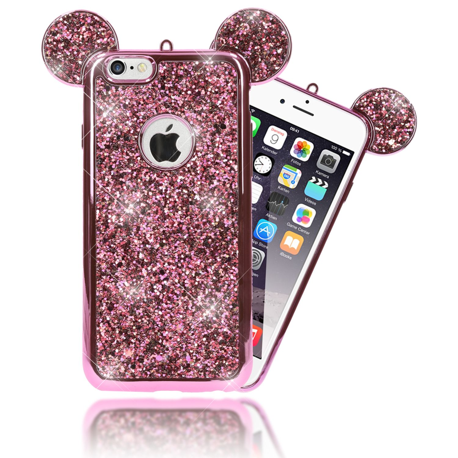 Custodia rosa glitterata con orecchie di topo, scintillante su sfondo bianco.