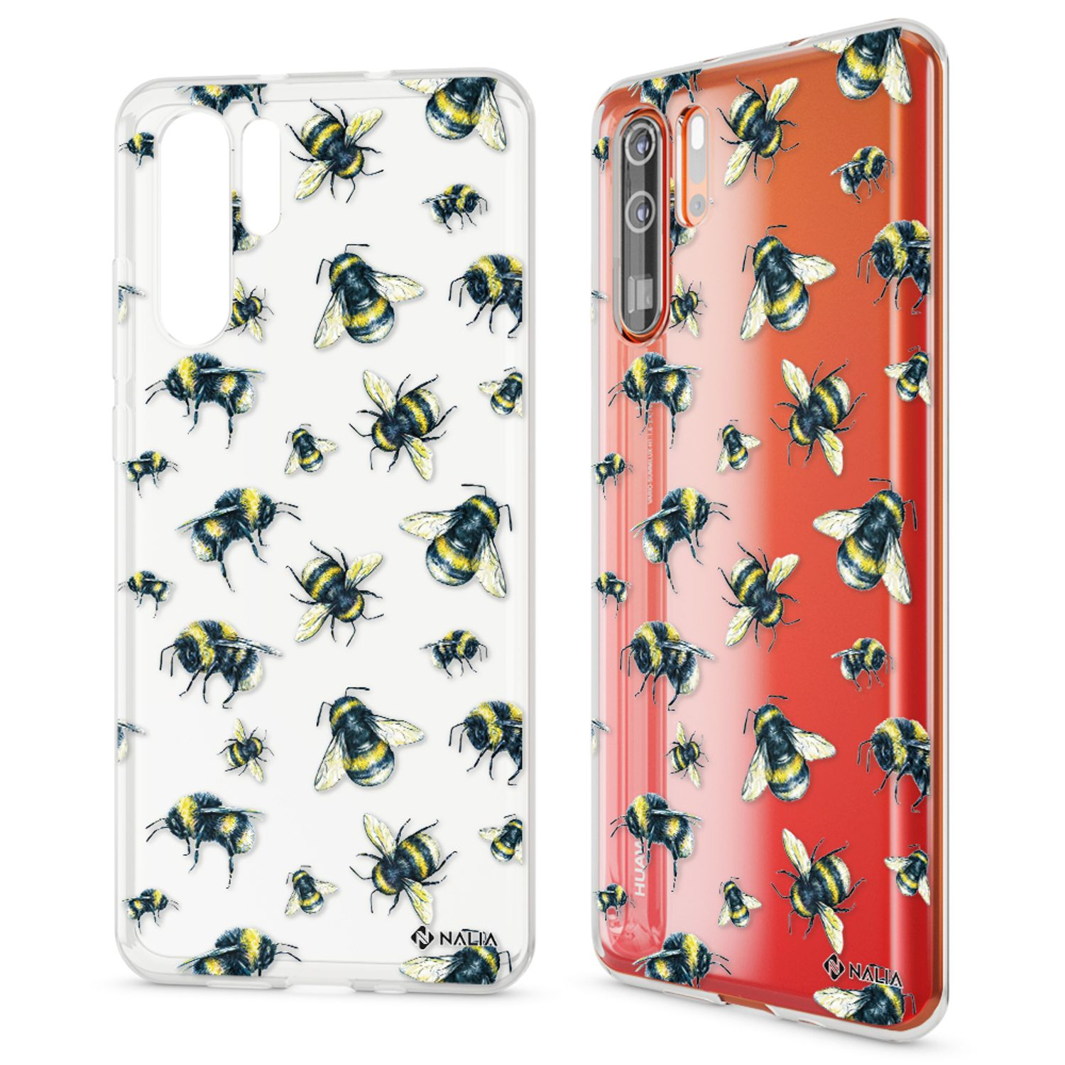 Coques de téléphone avec motif bourdons, sur fond blanc et orange.