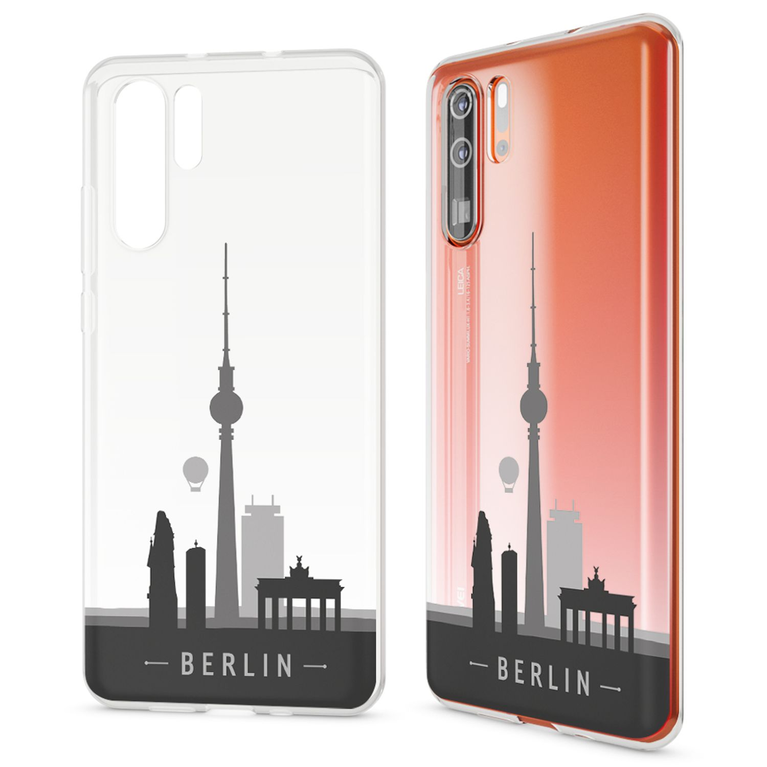 Handyhülle mit Berliner Skyline. Schwarz-weißes Design mit klarer Hülle.
