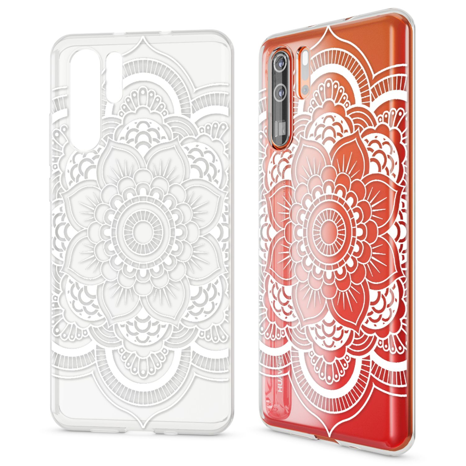 Zwei Handyhüllen. Eine durchsichtig mit weißem Blumendesign, die andere rot mit weißem Blumendesign.