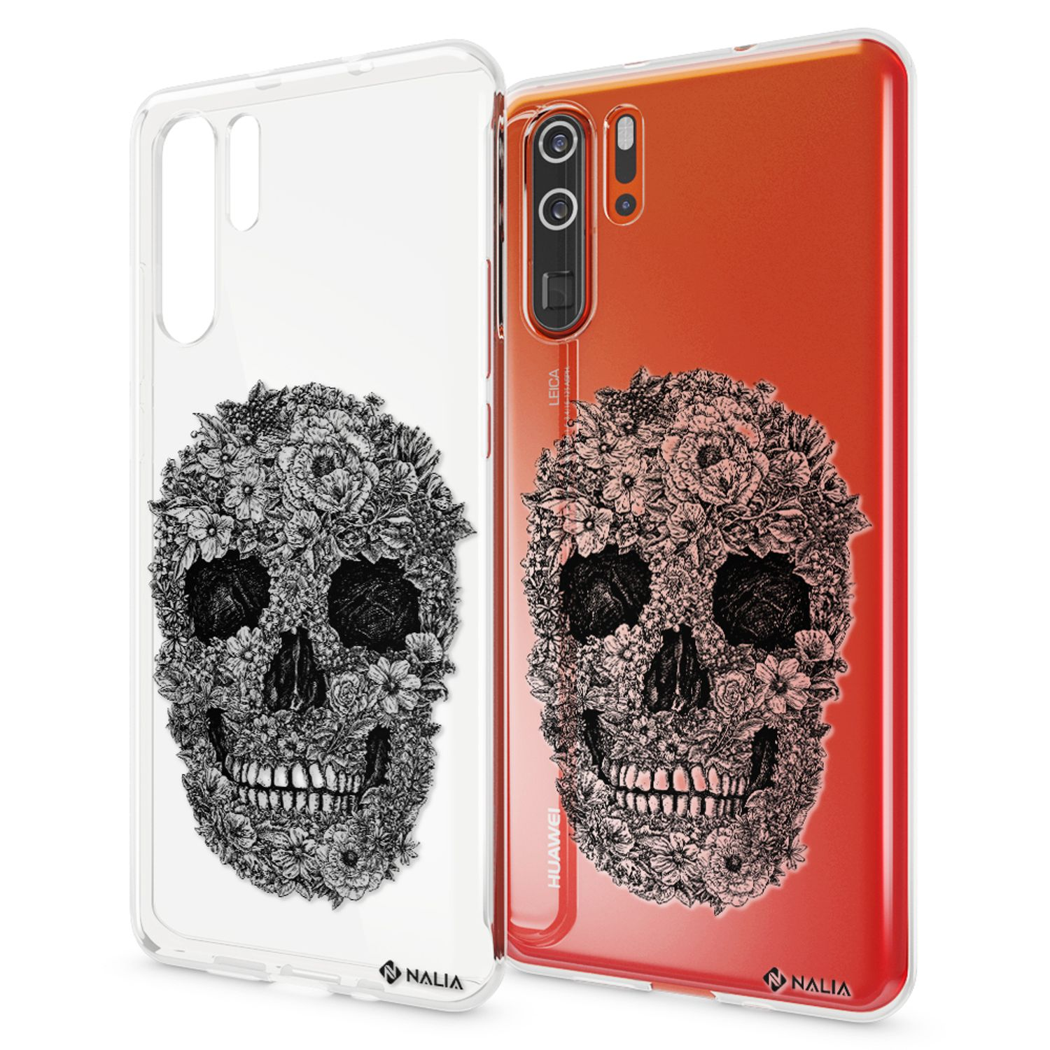 Transparente Handyhülle mit floralem Schädel-Design auf rotem Telefon.