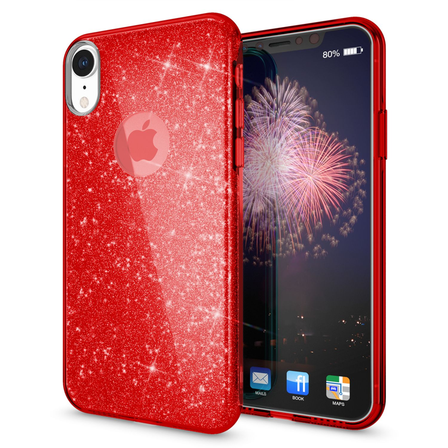 Rote Glitzer-Handyhülle neben einem Telefon mit Feuerwerk auf dem Bildschirm.