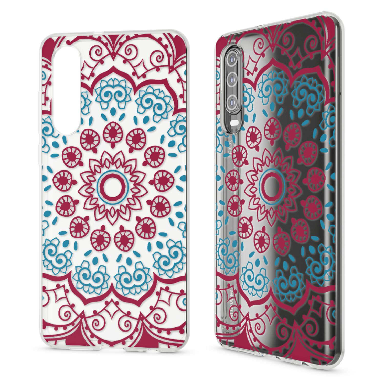 Coques de téléphone avec motif mandala en rouge et bleu.