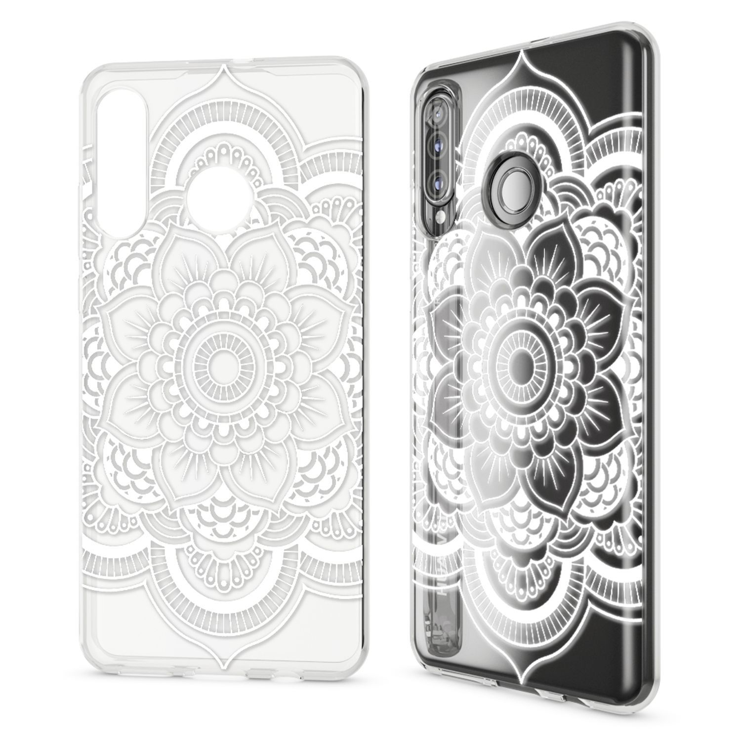 Zwei Handyhüllen, eine transparente, eine schwarze, beide mit weißen Mandala-Mustern, vor weißem Hintergrund.