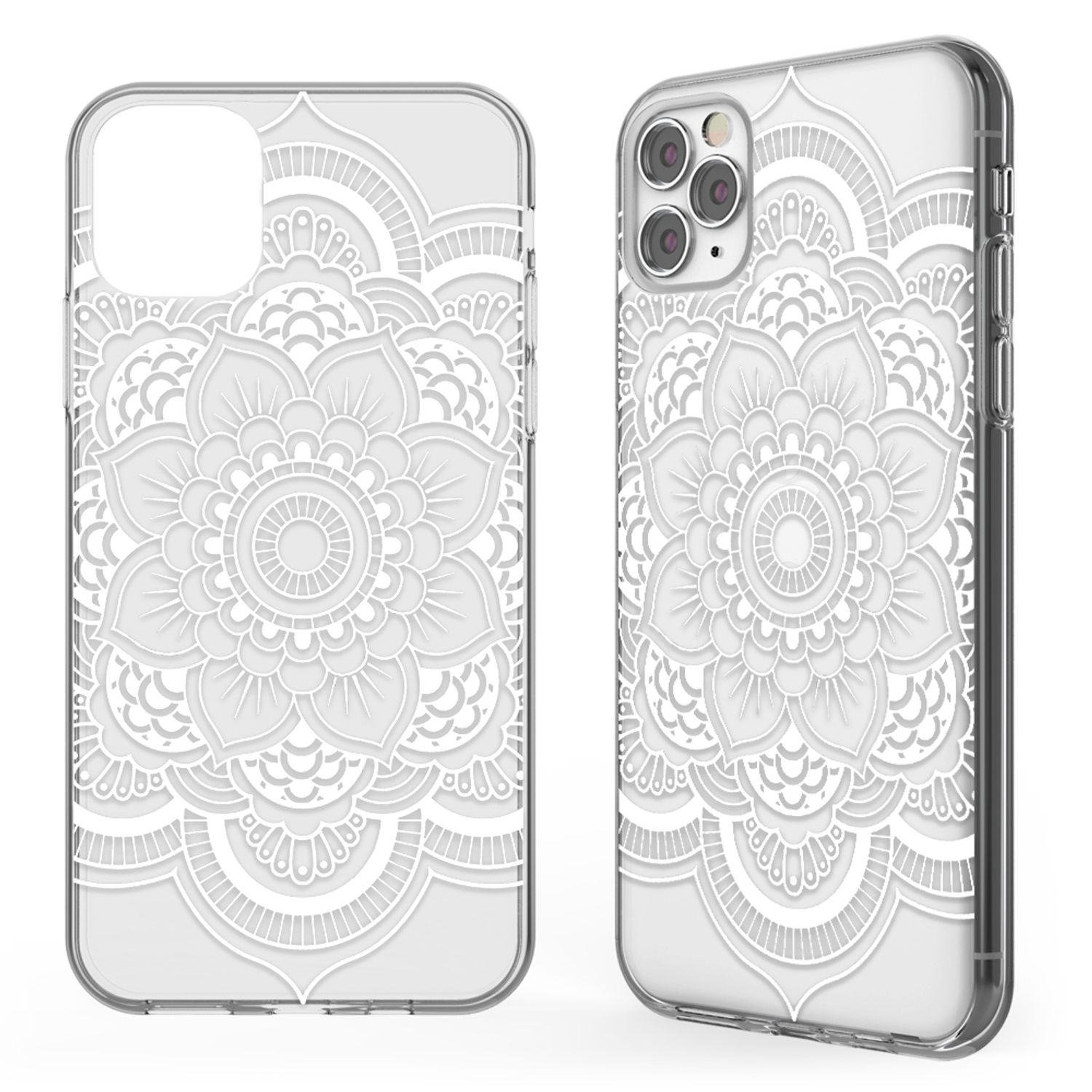 Zwei Handyhüllen, eine mit Mandala-Design, die andere, das Telefon.