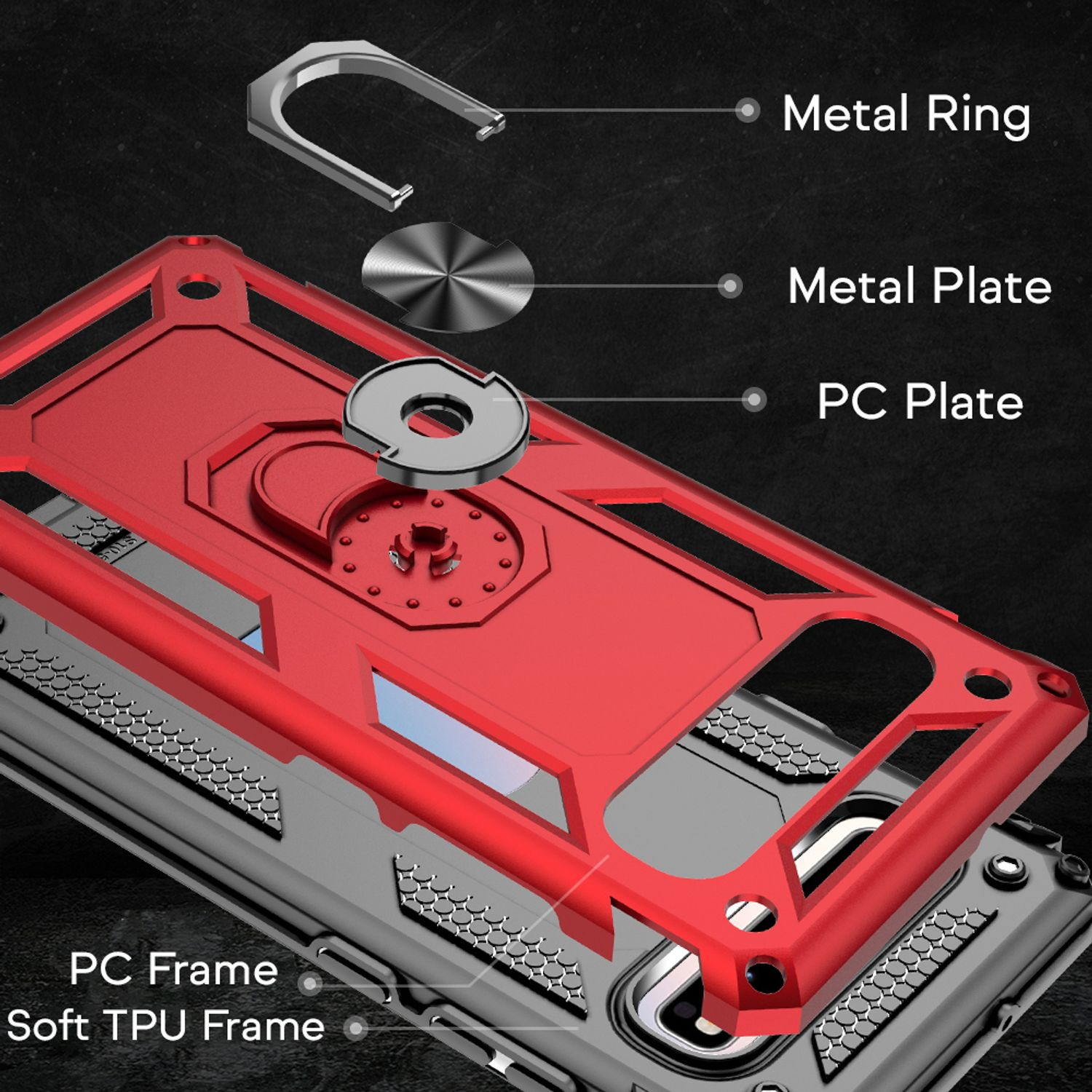 Eine Handyhülle mit Metallring und -platte. Rote und graue Schichten sind zerlegt dargestellt.