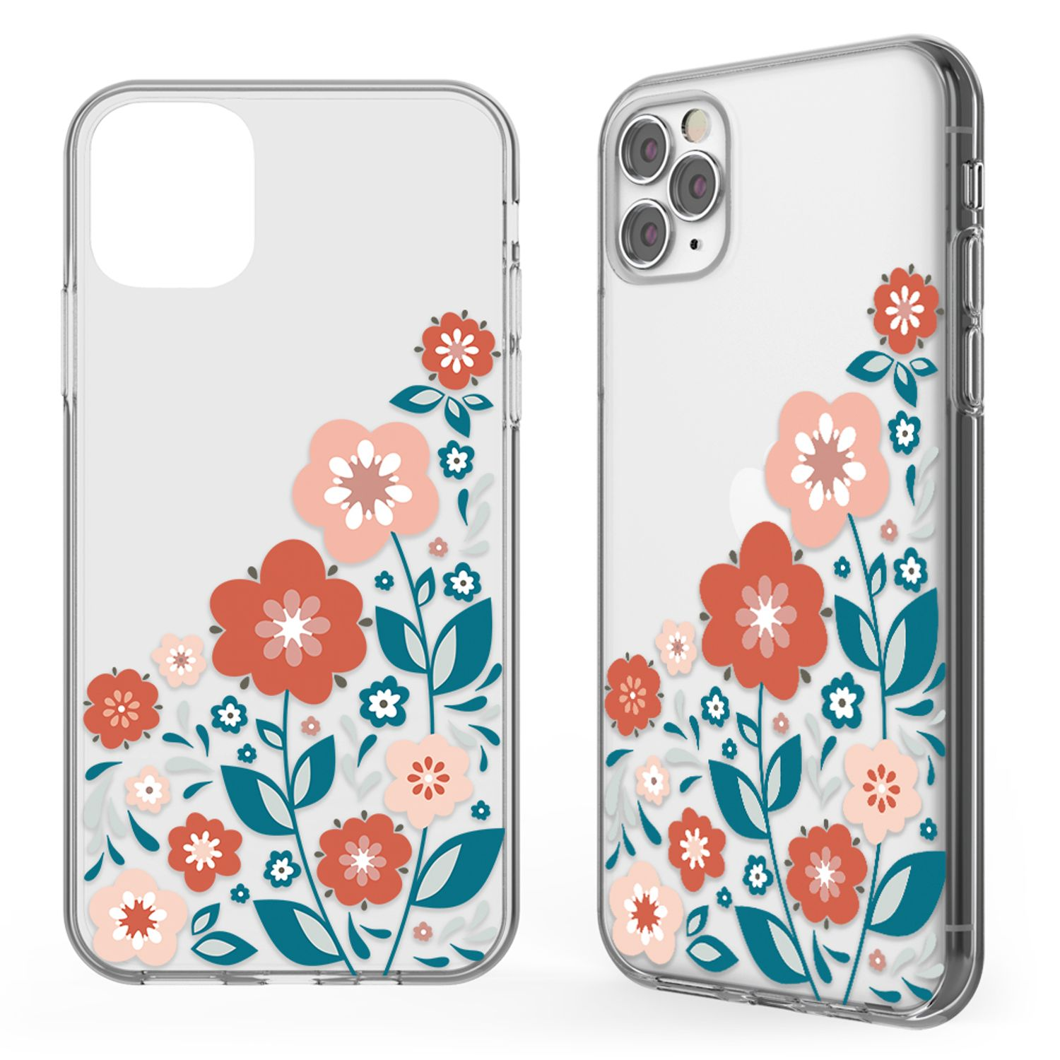 Zwei transparente Handyhüllen mit floralem Design. Rote, rosa und türkisfarbene Blumen.