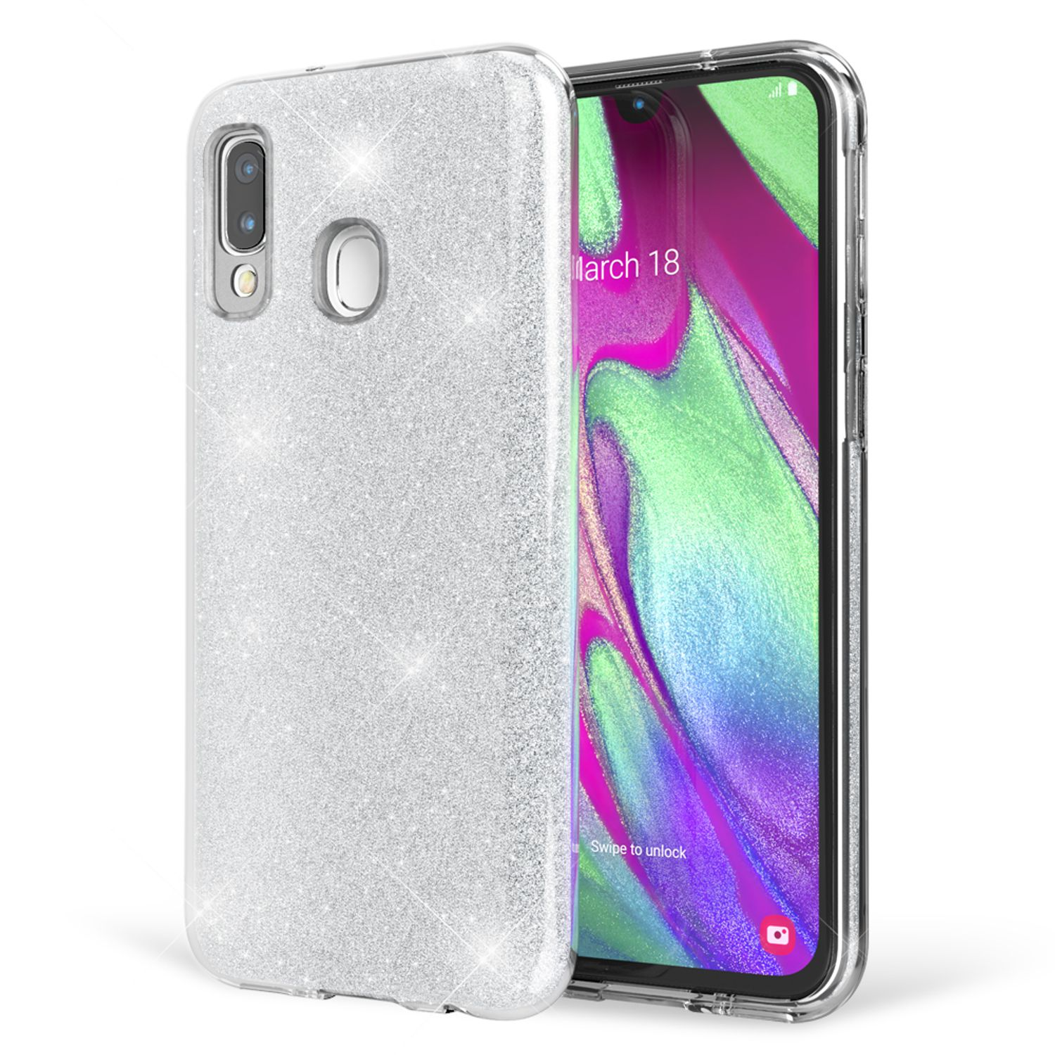 Telefon mit glitzernder silberner Hülle. Der Bildschirm zeigt Apps und Menü. Die Hülle liegt daneben.