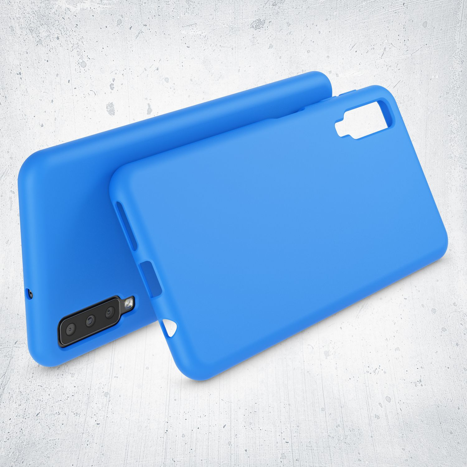 Blaue Handyhüllen, mit Telefon und Hülle daneben.