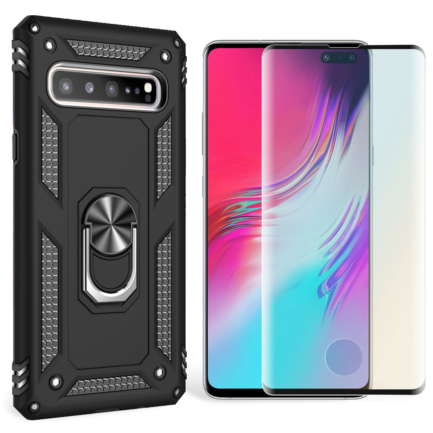 Schwarze Handyhülle mit Ringhalter und Samsung-Telefon mit Displayschutzfolie. Sauberes Aussehen.