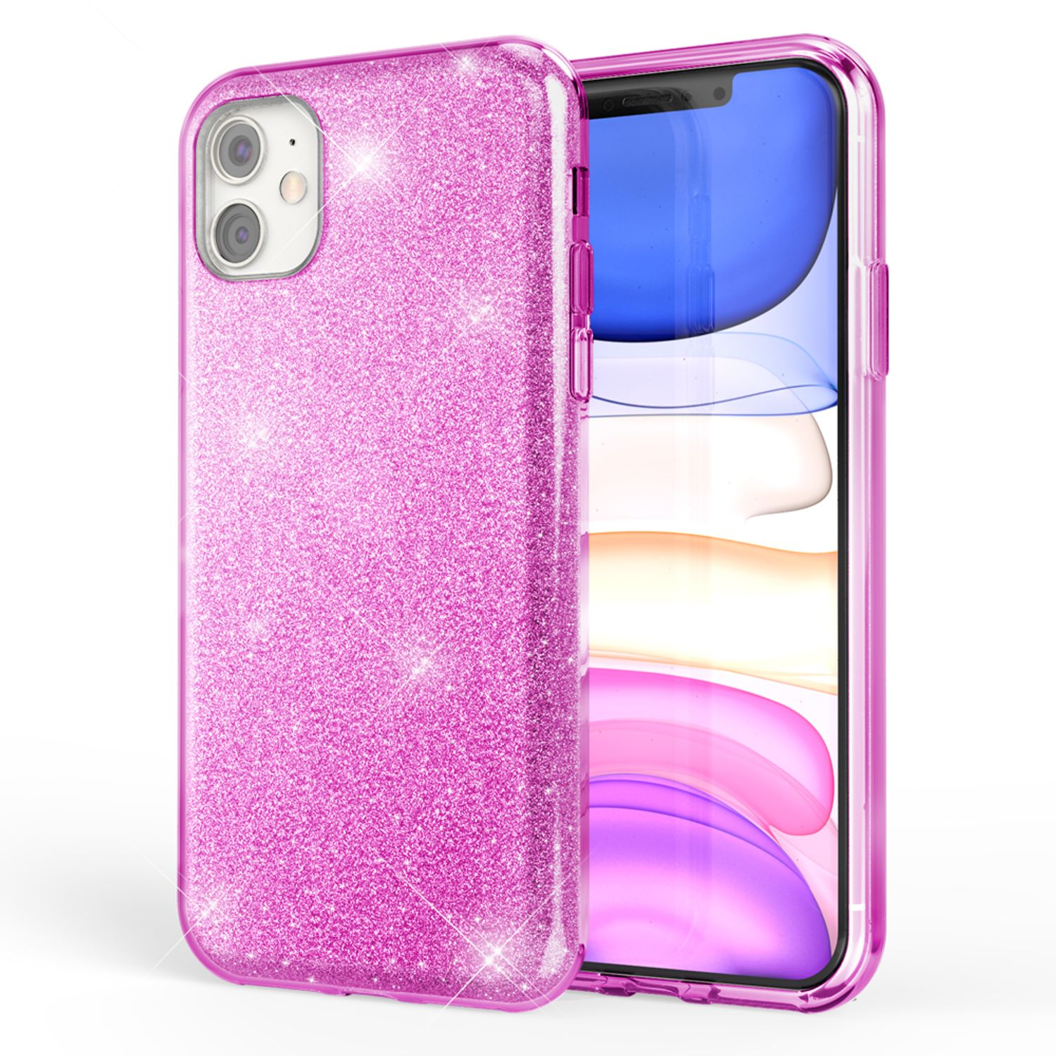 Funda rosa con purpurina en teléfono. Fondo blanco.