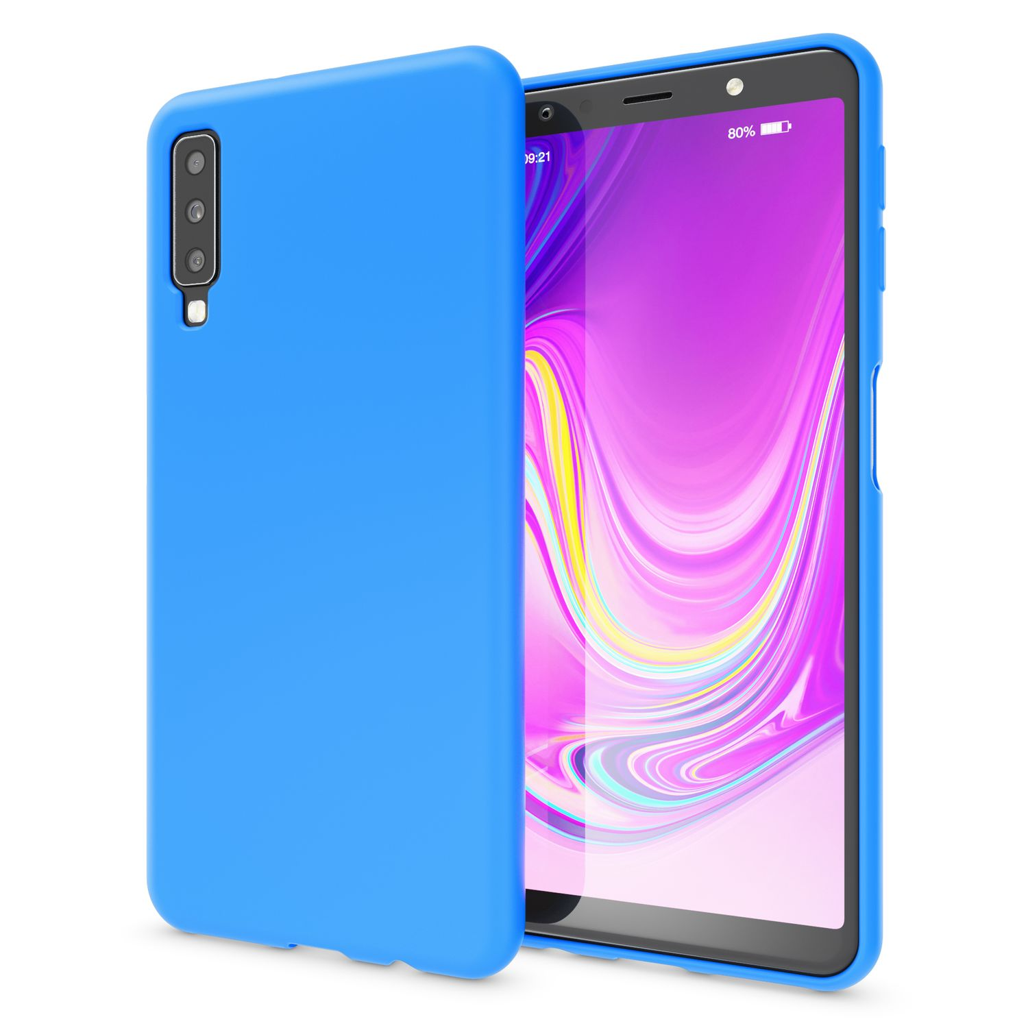 Blaue Handyhülle und ein Telefon. Telefon zeigt Zeit, Akku und Apps. Weißer Hintergrund.