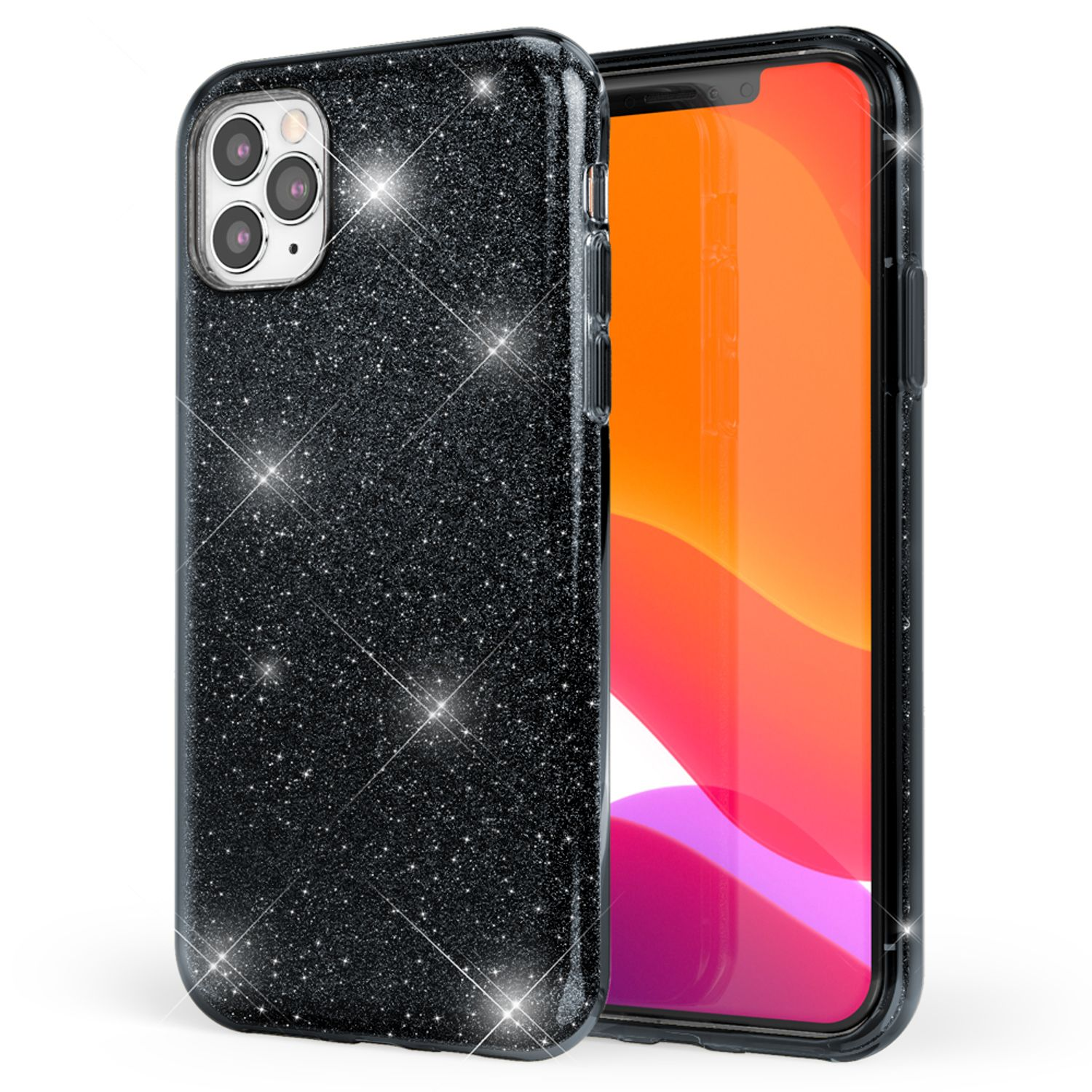 Funda de teléfono negra con purpurina y un teléfono dentro. La funda está abierta.