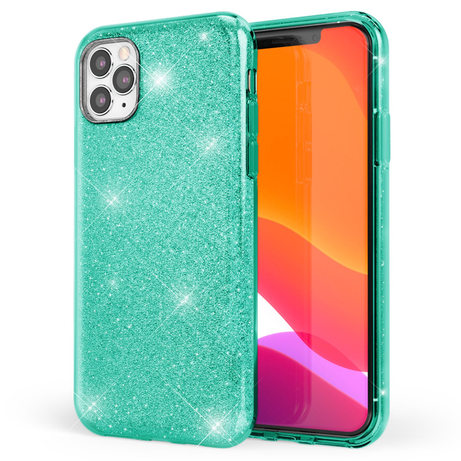 Funda de teléfono verde brillante con pantalla de teléfono roja.