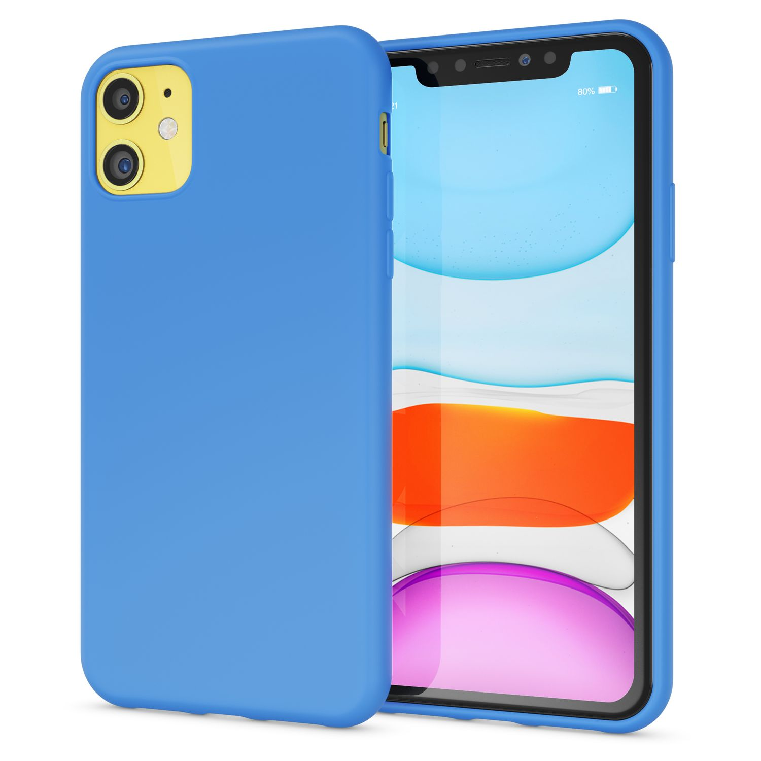 Blaue Handyhülle. Das Telefon zeigt einen Bildschirm mit einem lila und rosa Hintergrund.