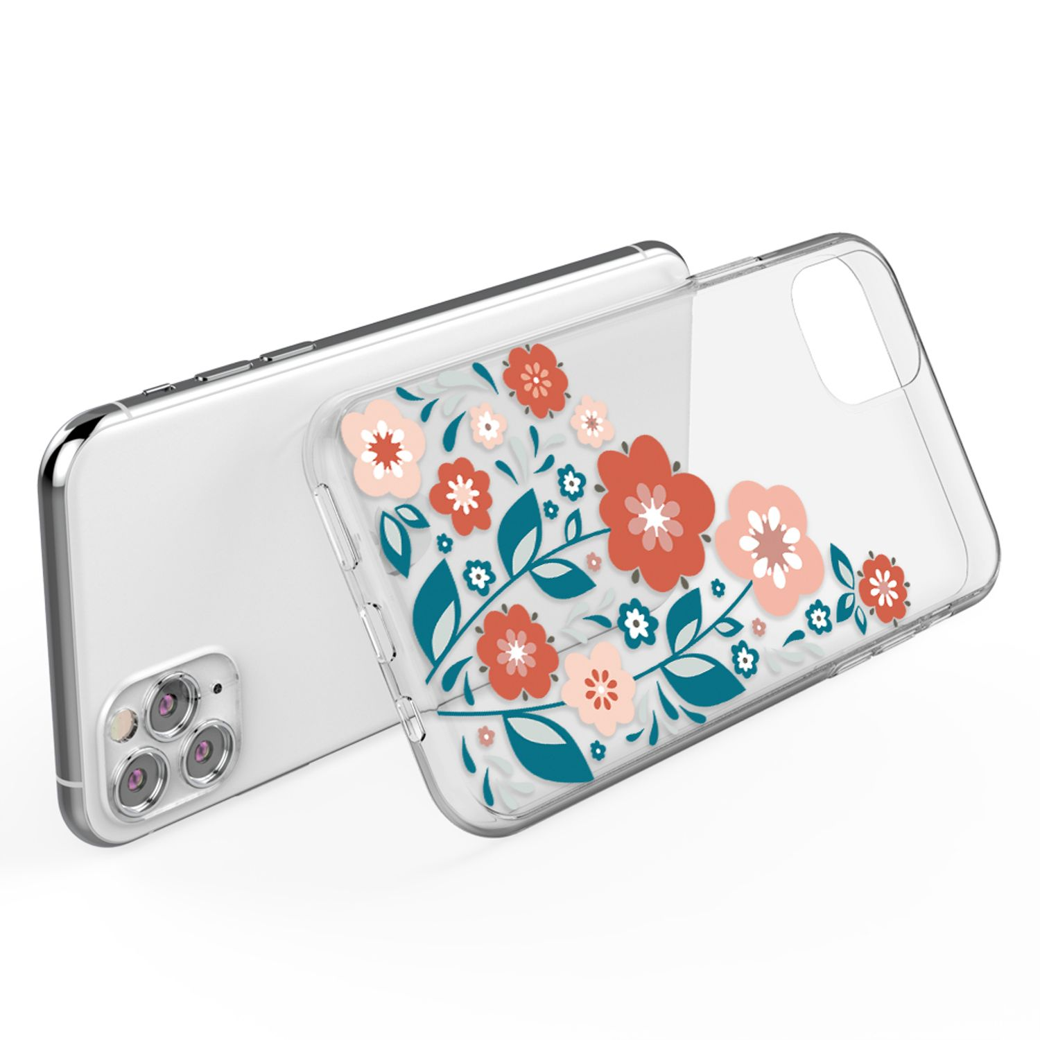 Transparente Handyhülle mit floralem Design auf einem Telefon. Das Telefon ist silber.