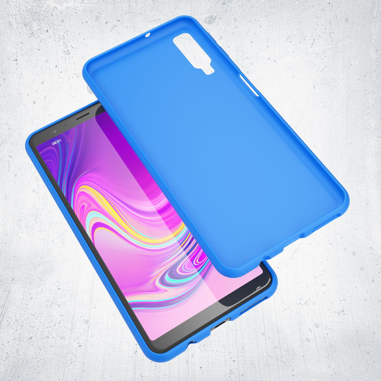 Eine blaue Handyhülle mit einem Telefon darin, vor einem hellen strukturierten Hintergrund.