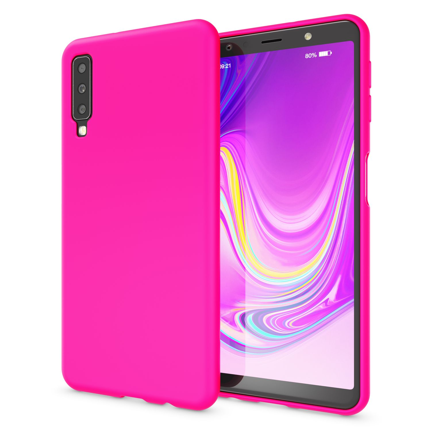 Pinke Handyhülle neben Telefon. Der Bildschirm ist an und zeigt eine hellrosa Oberfläche.