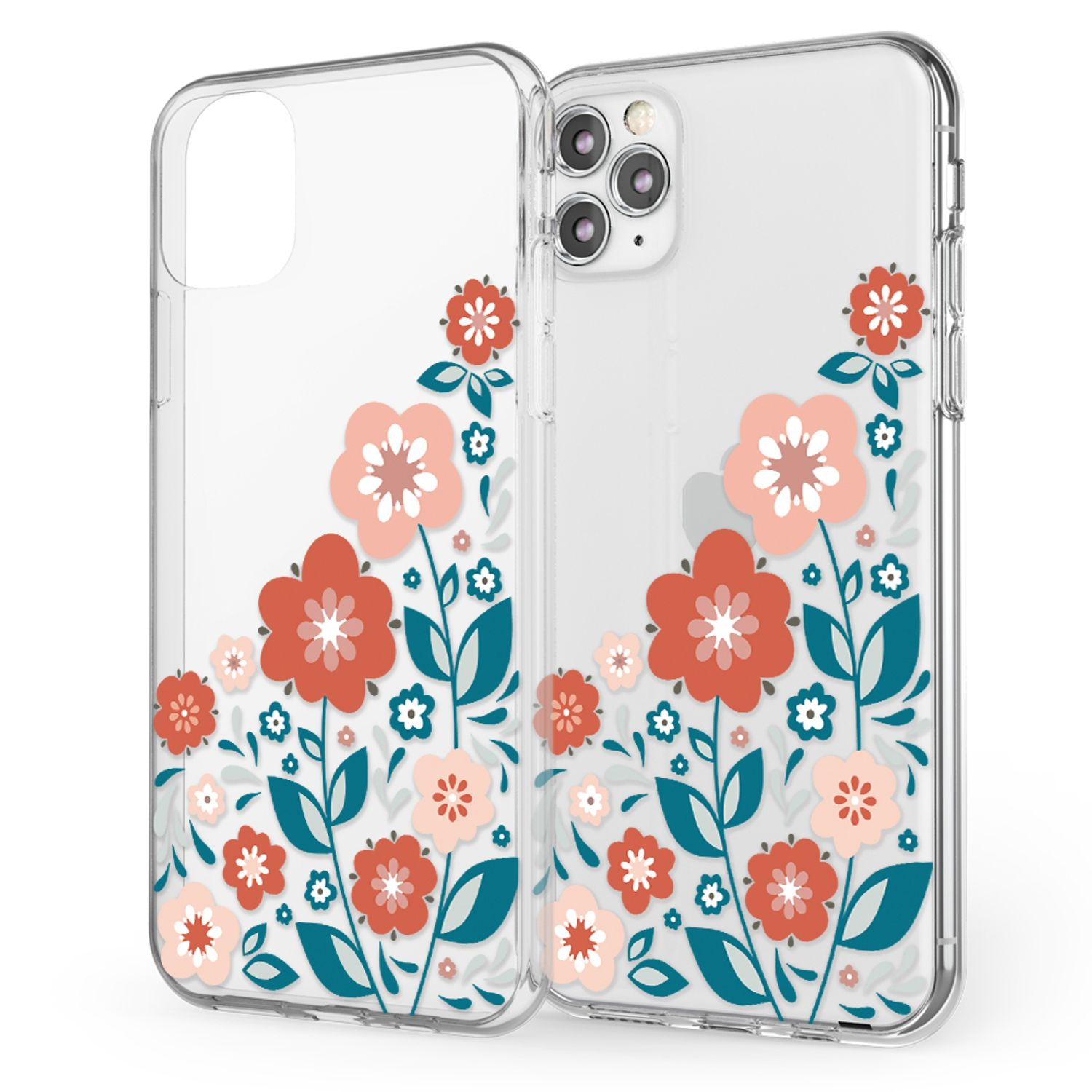 Transparente Handyhüllen mit Blumendesign. Eine zeigt die Hülle, die andere ein Telefon.