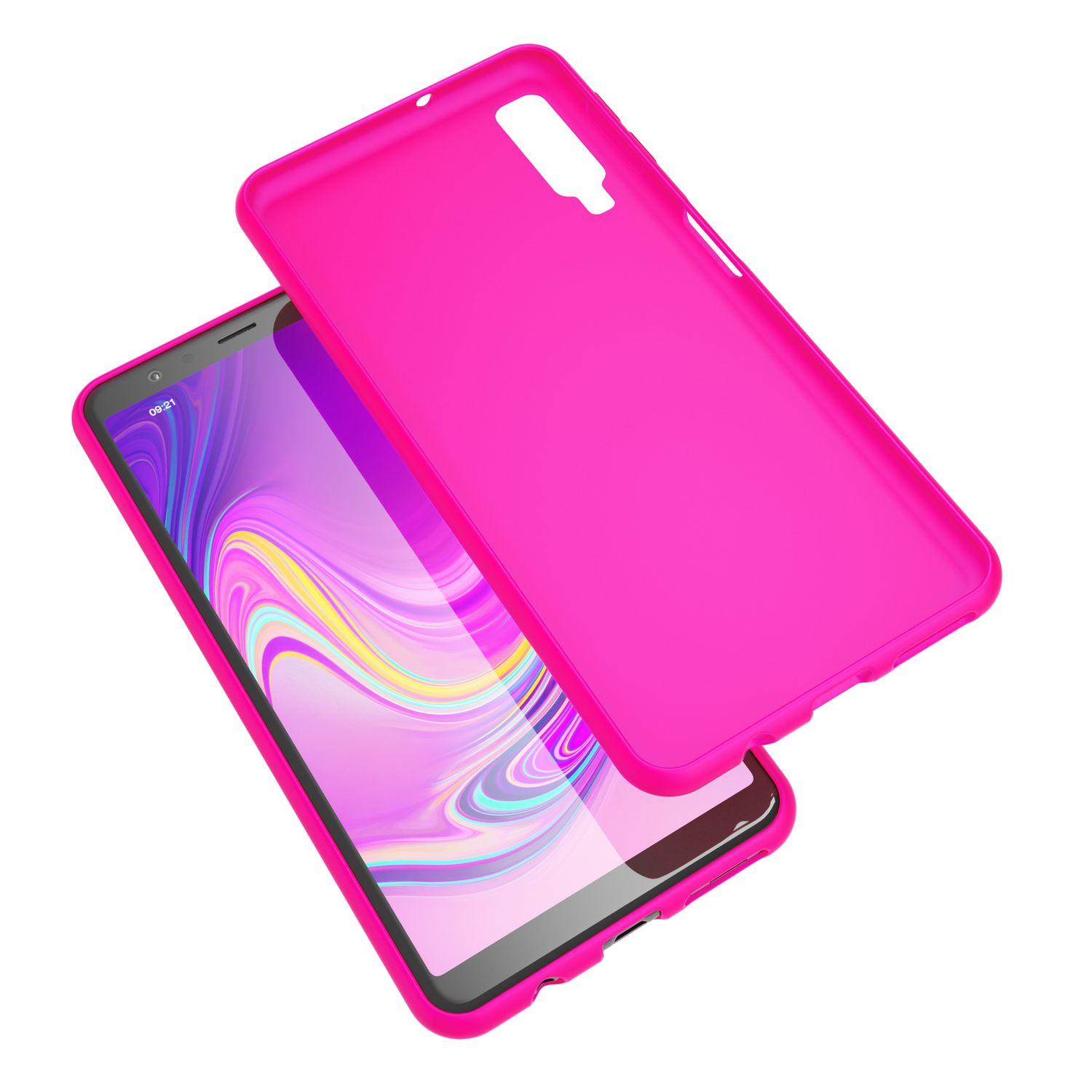 Ein rosa Telefon und eine rosa Hülle. Der Telefonbildschirm ist eingeschaltet, mit einem rosa und schwarzen Rahmen. Weißer Hintergrund.
