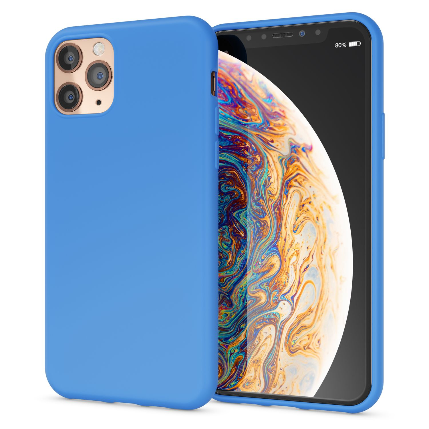 Blaue Handyhülle auf einem Telefon. Das Telefon hat einen schwarzen Bildschirm mit Goldhintergrund.