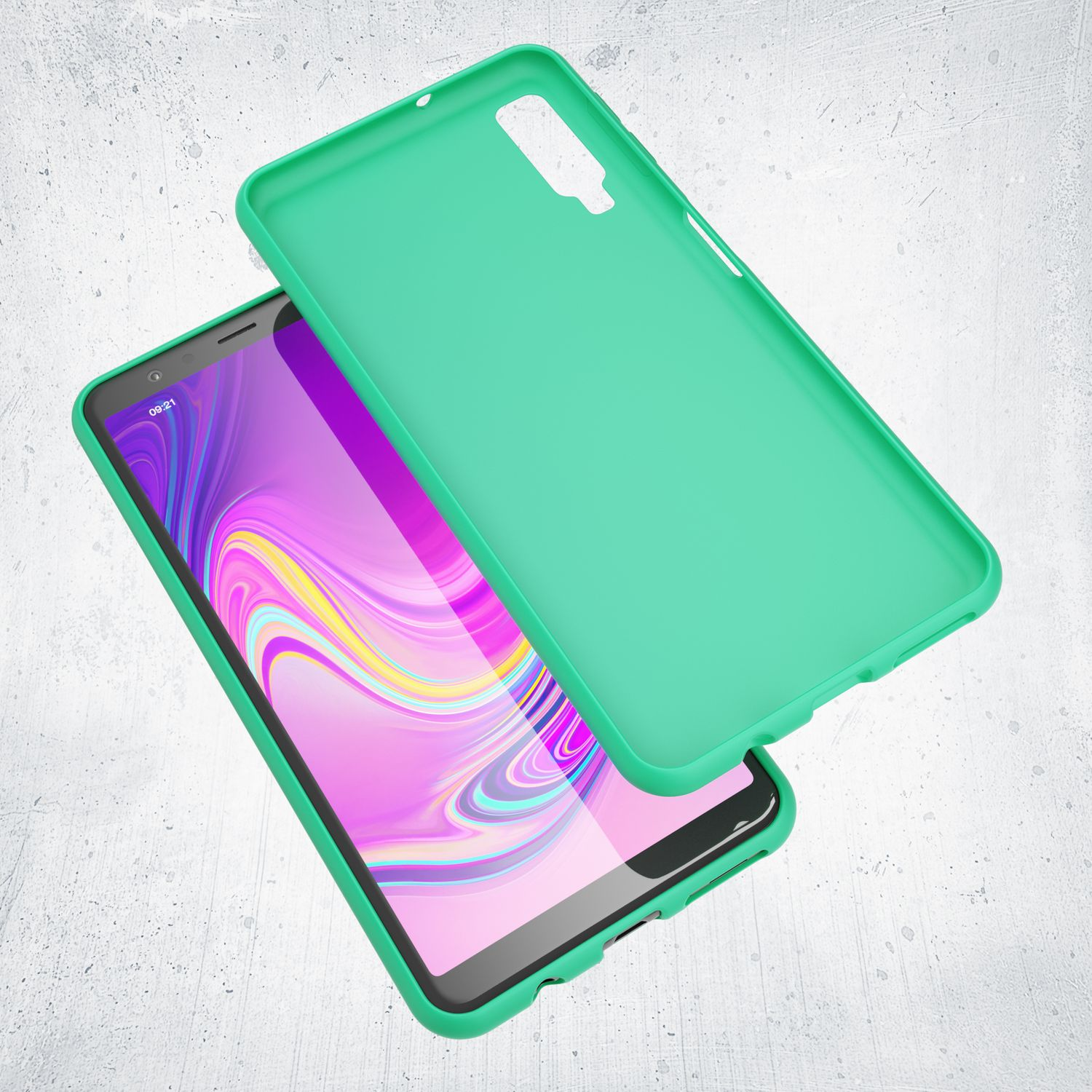 Grüne Handyhülle und Handy mit farbenfrohem Bildschirm. Die Hülle liegt offen.